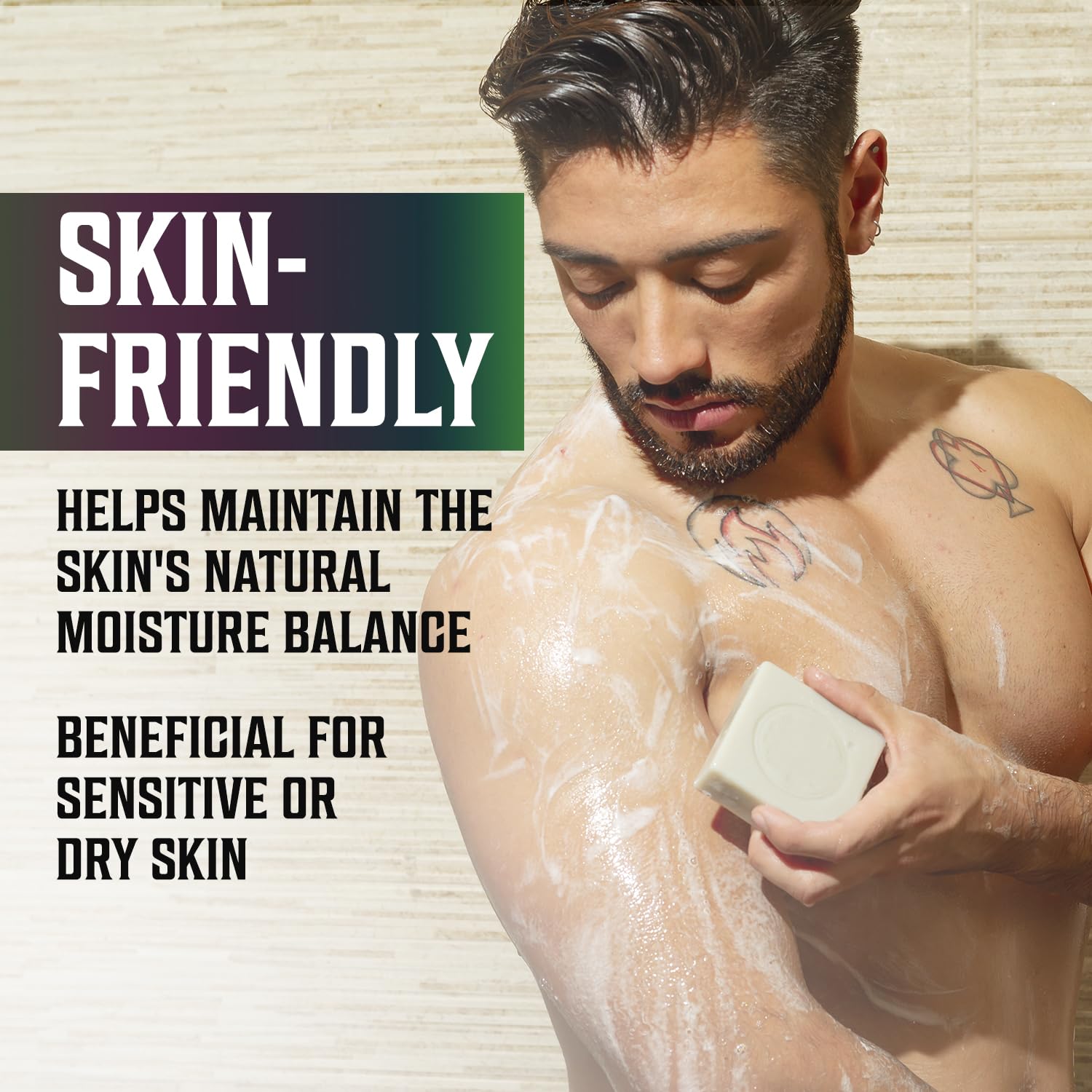 Man using Natural Soap for Men: Tea Tree, Peppermint Eucalyptus; skin-friendly, moisture-retaining, ideal for sensitive skin.