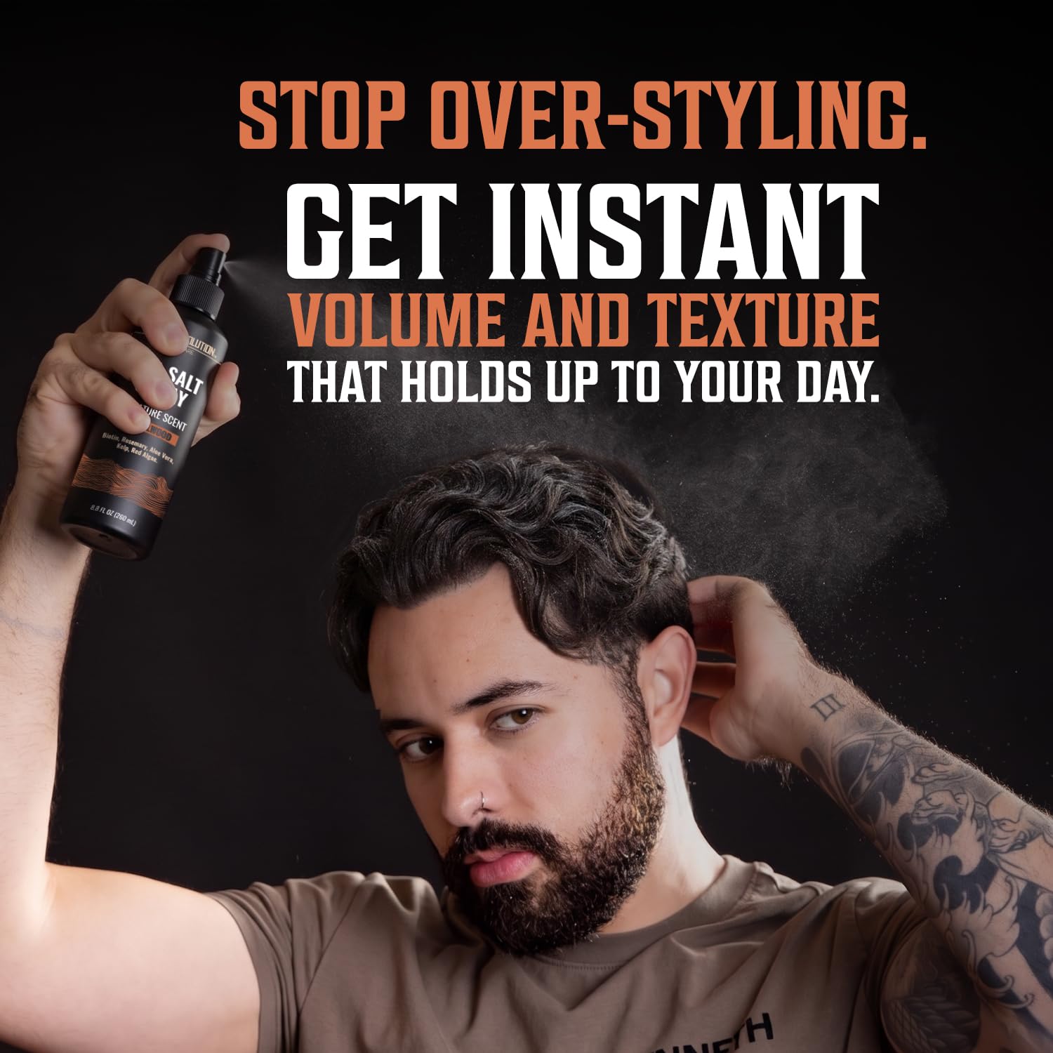 Man uses Viking Revolution Sea Salt Spray—boosts volume, texture, and all-day hold with sandalwood scent.