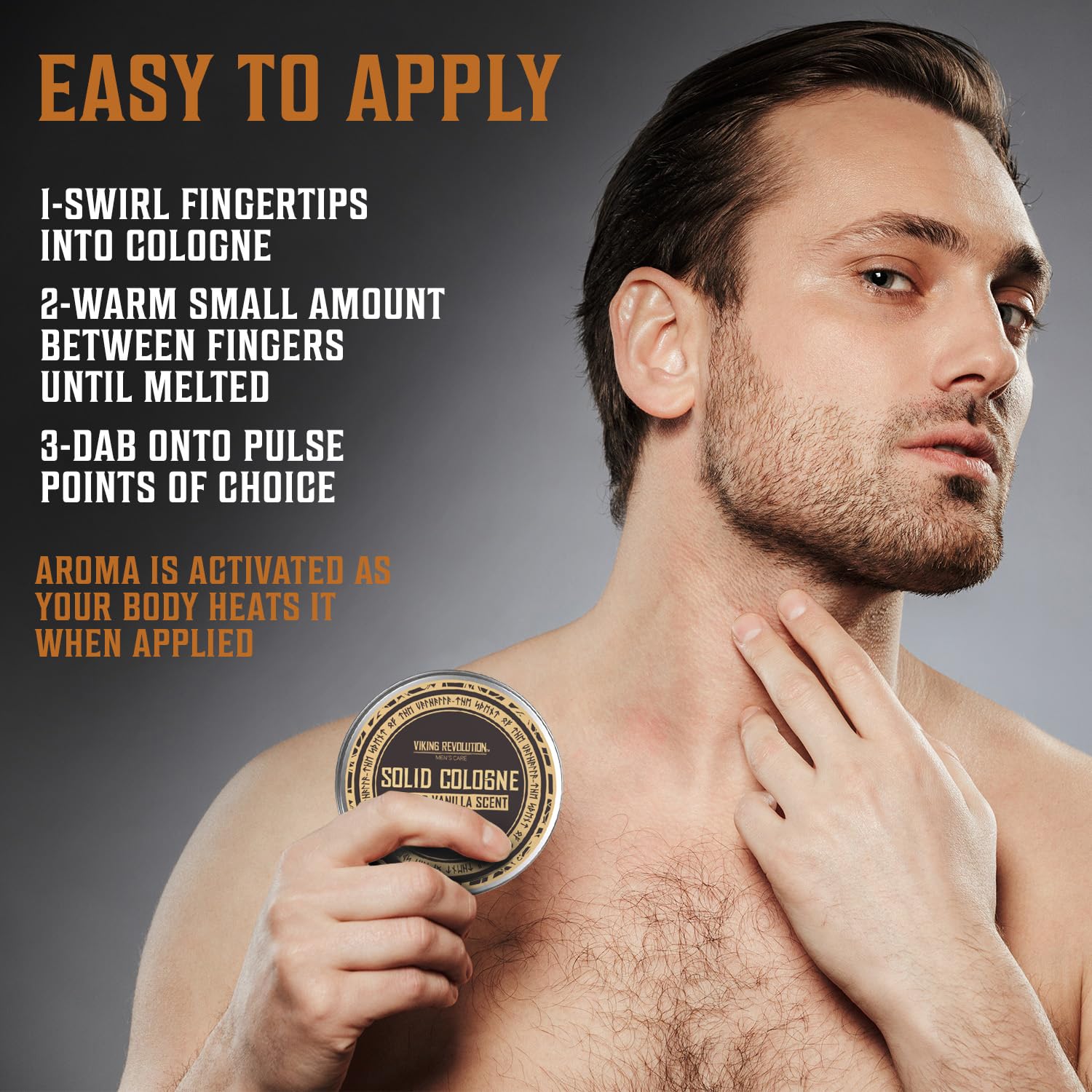 A man holds a sleek tin of Spiced Vanilla Men's Solid Cologne 2 Oz, an ideal gift for men, with application instructions elegantly displayed against a dark background.