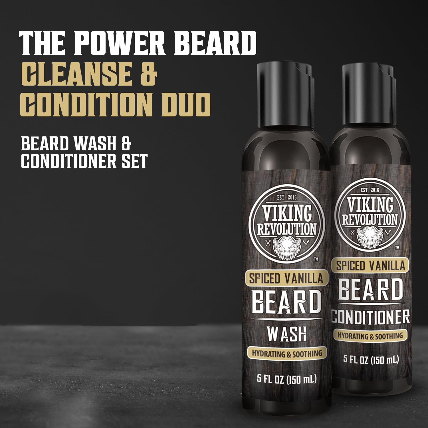 Two bottles of Beard Wash & Conditioner - Spiced Vanilla 5oz on a dark background.
