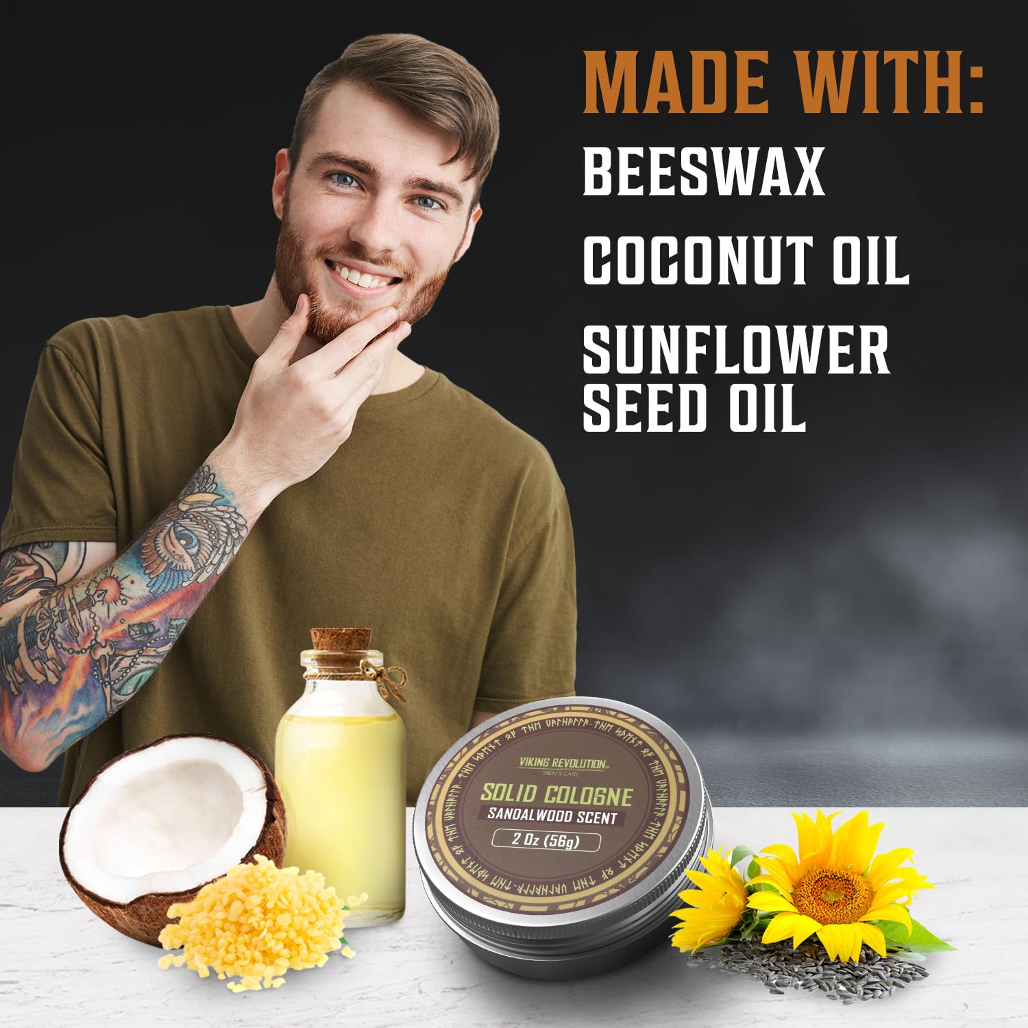 Man smiling with Solid Cologne 2 Oz Single Sandalwood made of beeswax, coconut oil, and sunflower seed oil.