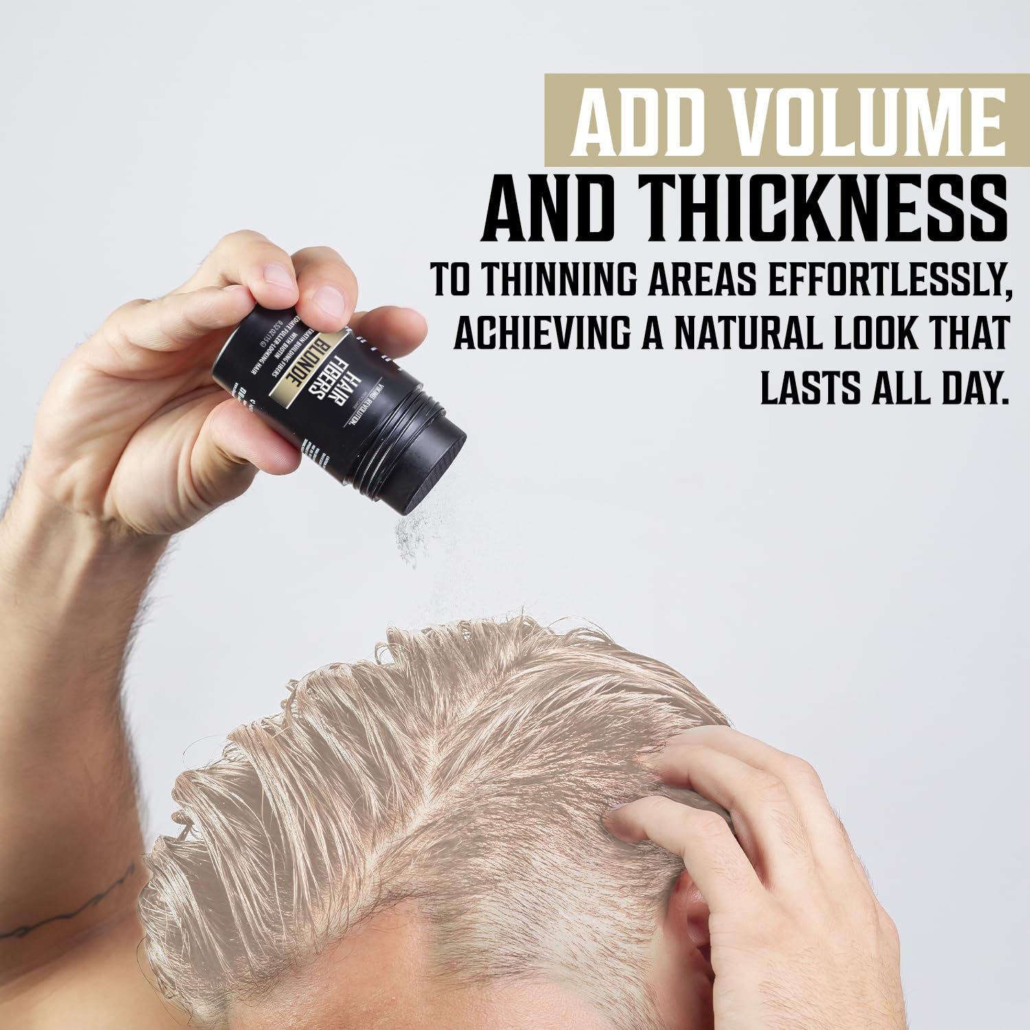 Man uses Blonde Hair Fibers for volume and thickness, achieving a natural, lasting look.