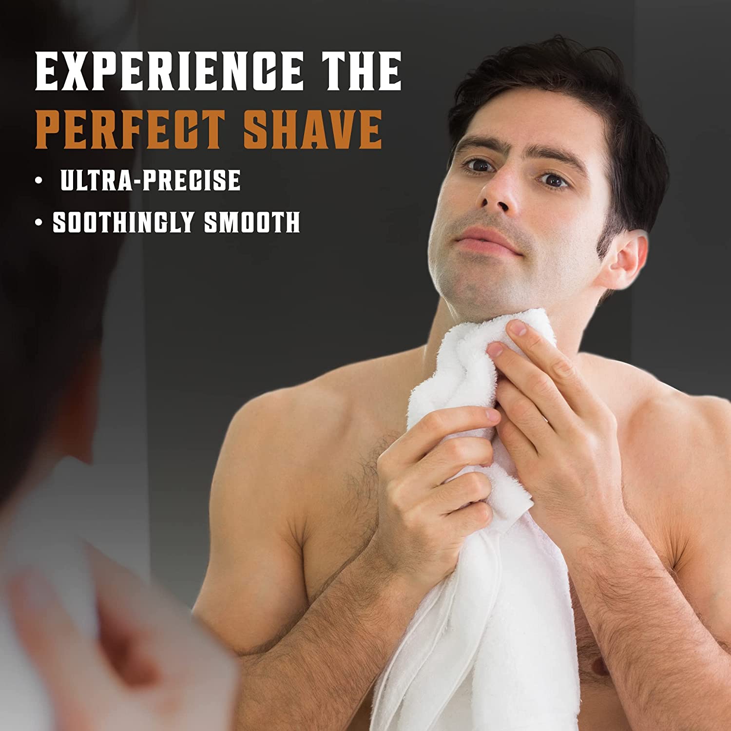 Man wiping face after shaving; text: Experience Precision: Viking Revolution Safety Razor w/ 10 Blades.