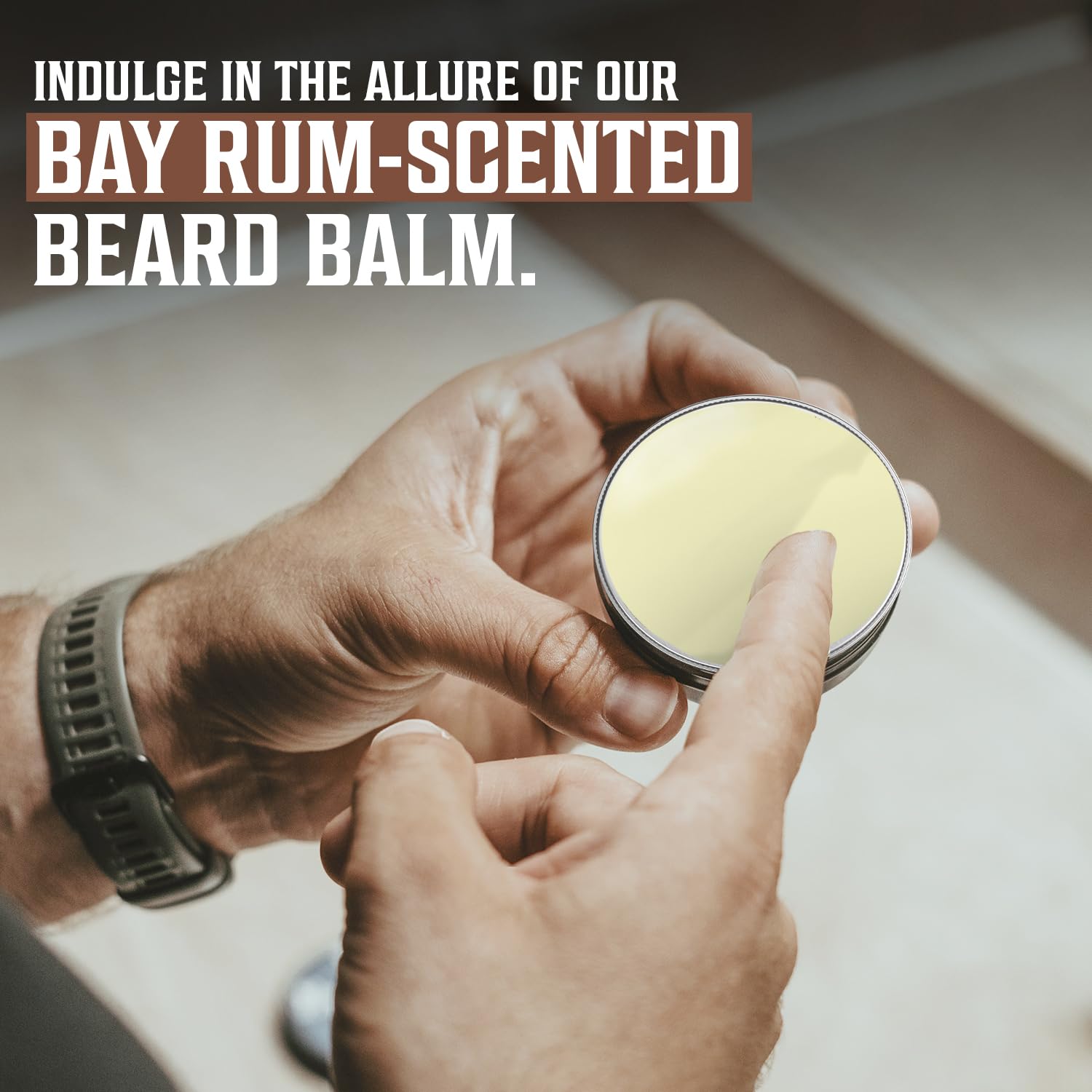Hands opening Bay Rum Beard Balm, with natural ingredients for conditioning and a bay rum scent.
