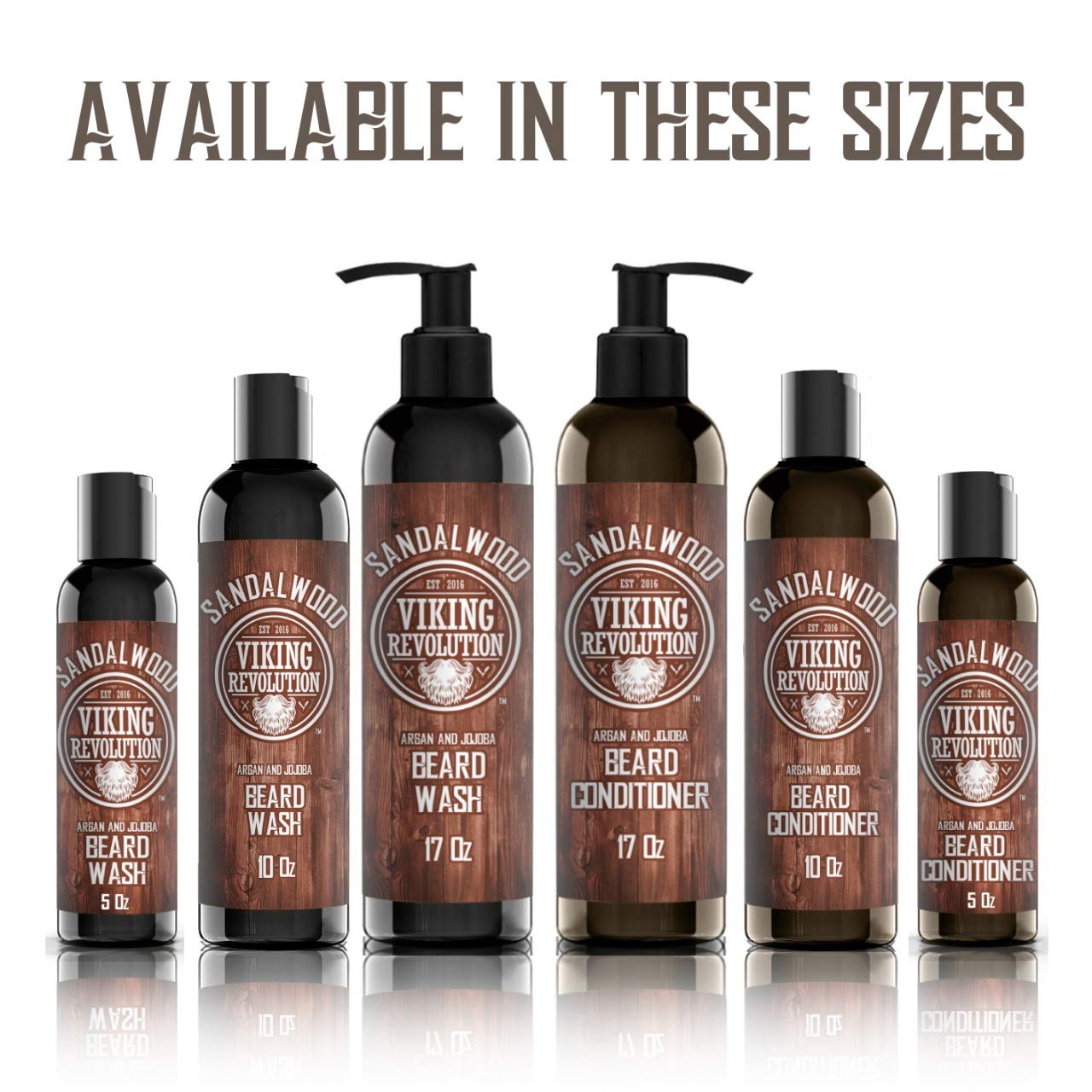 Six bottles of Viking Revolution Sandalwood Beard Wash & Conditioner Set, 5oz, white background.