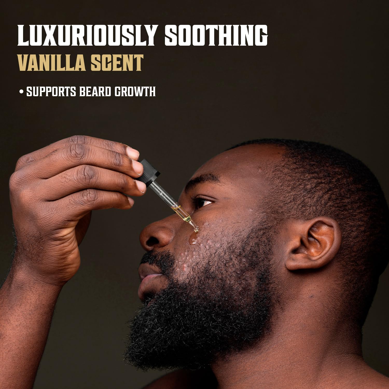 Man applying Spiced Vanilla Beard Oil with dropper; text reads Natural Care • Tame Stubborn Facial Hair.