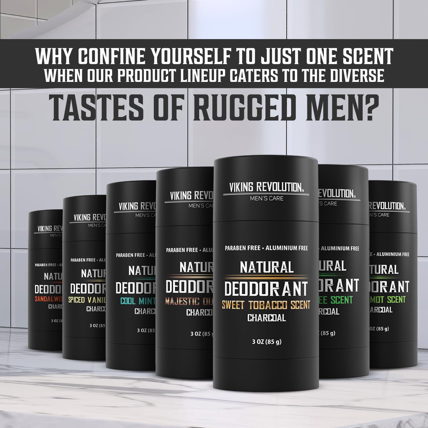 Sweet Tobacco Natural Deodorant for Men, featuring aluminum-free and charcoal-infused natural scents, elegantly displayed on a bathroom countertop.