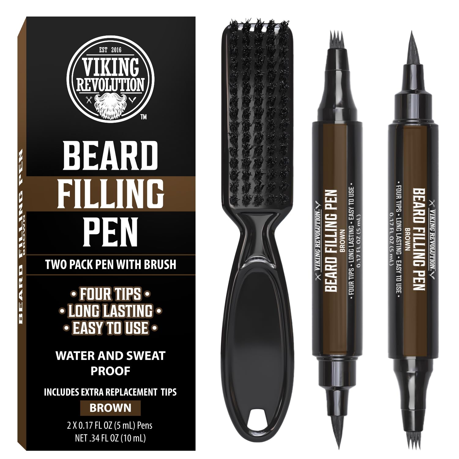 Black Beard Pencil Filler set for patchy facial hair with brush, dual-tip pens, and extra tips in brown packaging.