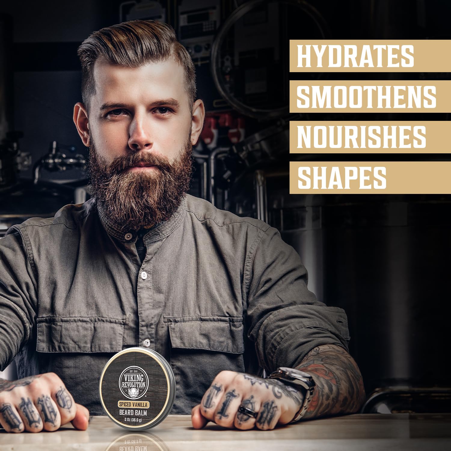 Man with a beard using Beard Balm - Spiced Vanilla 2oz; hydrates, nourishes & shapes for sculpted sophistication.