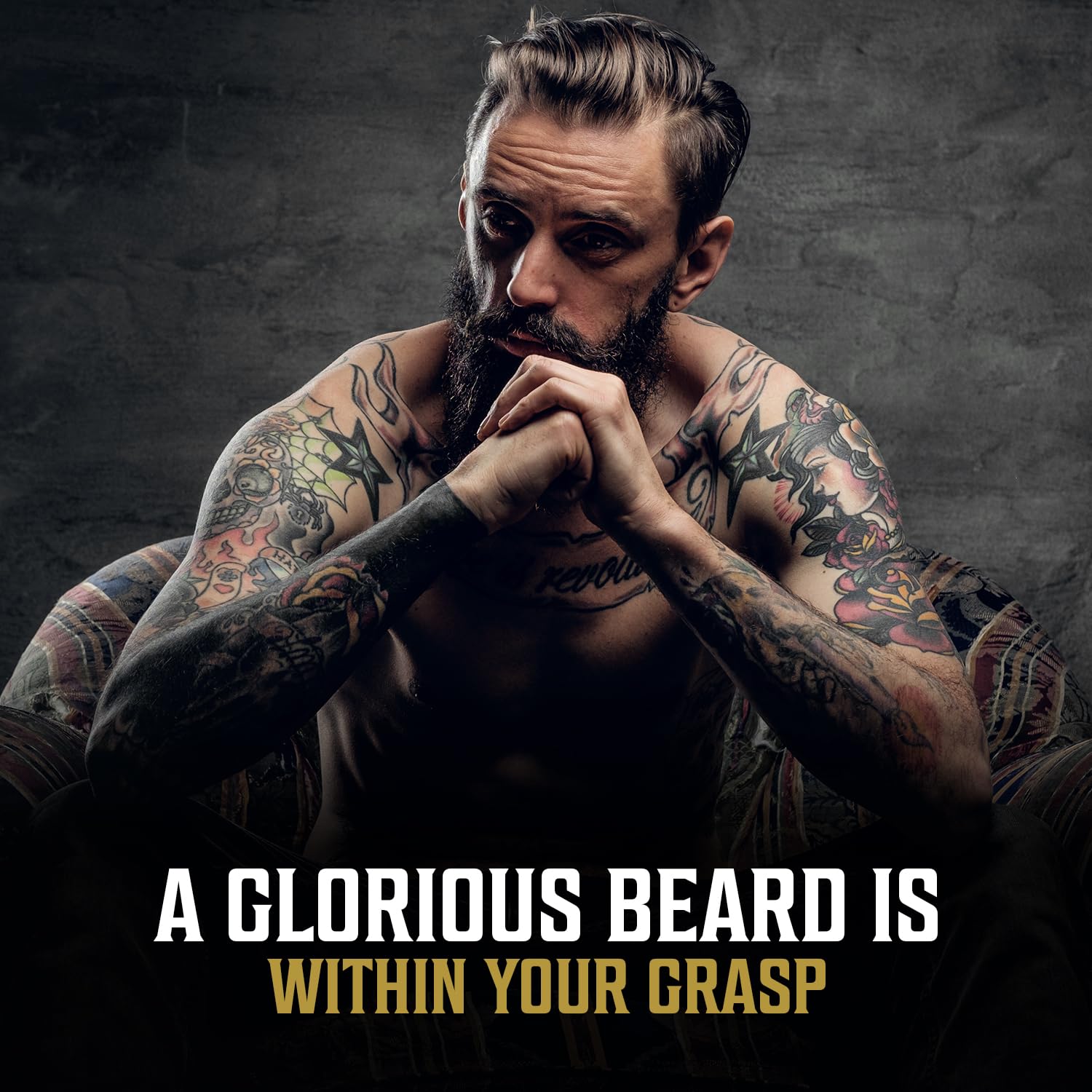 A tattooed man with a beard sits pensively as text reads, "Achieve a glorious beard with the natural care of Tobacco Beard Oil for Men.