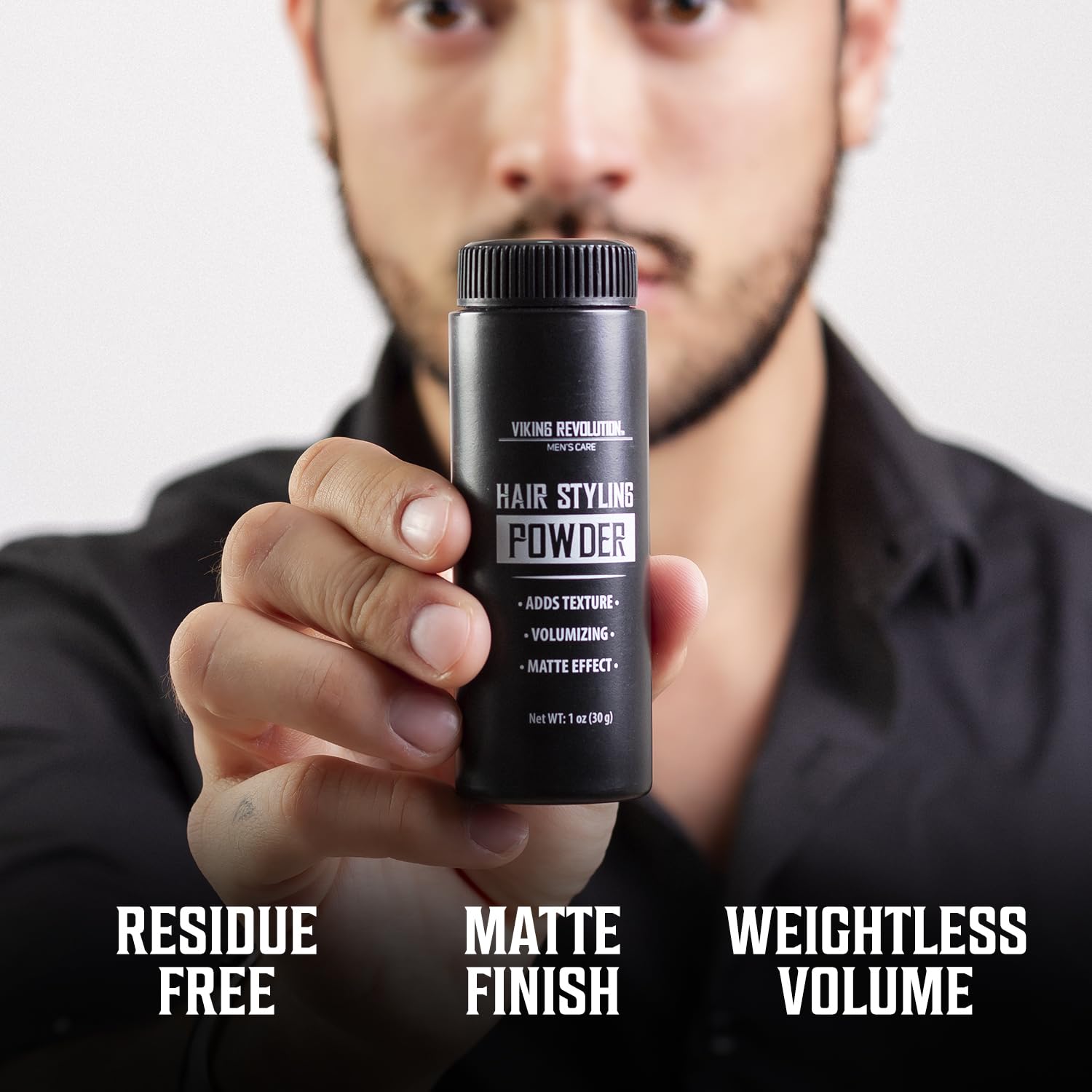 Man with Hair Styling Powder for Men: Residue Free, Matte Finish, Weightless Volume.