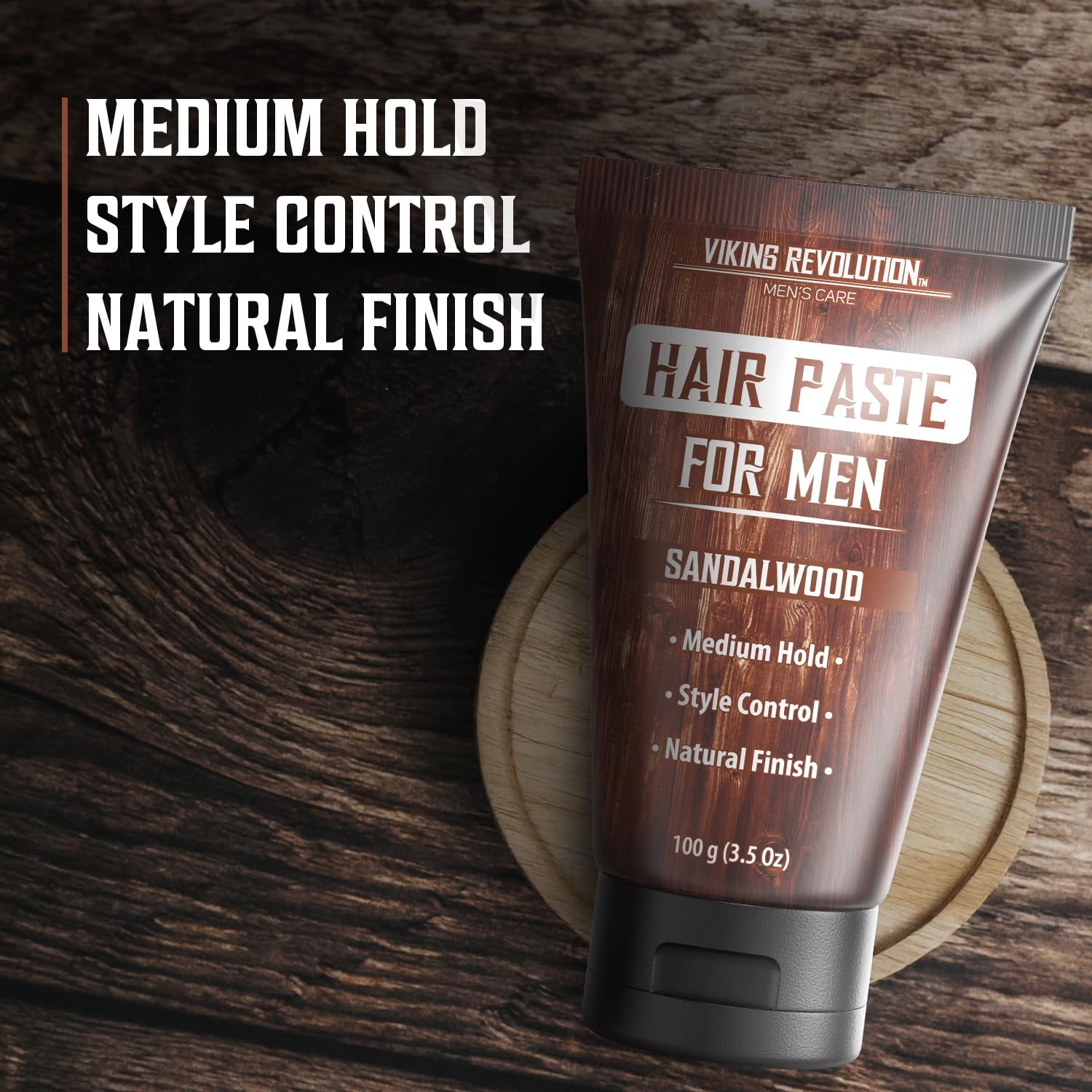 A 3.5oz tube of Sandalwood Scented Hair Paste for Men, labeled for medium hold and control.