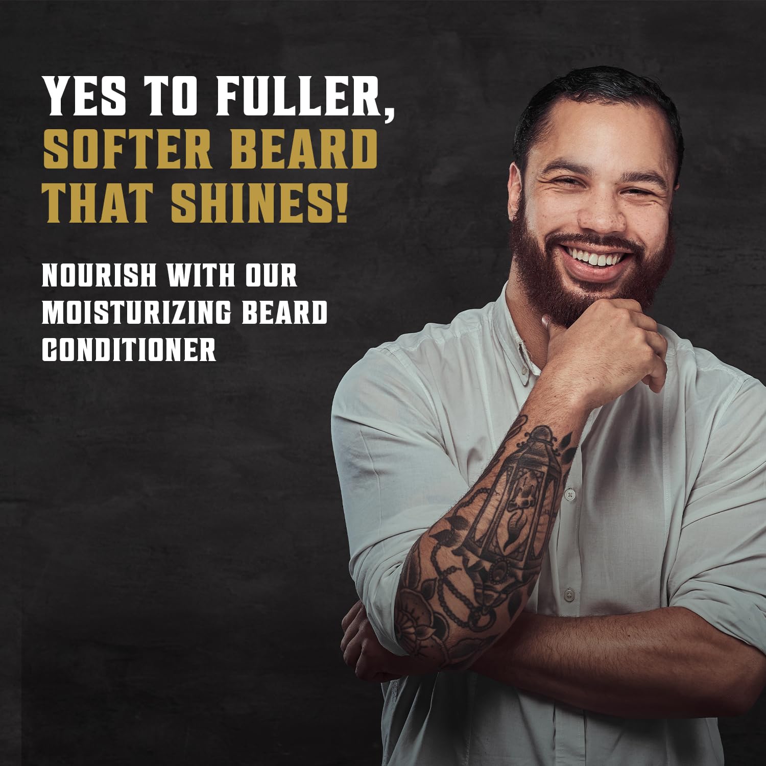 With a confident smile, a bearded man showcases the advantages of our Beard Wash and Beard Conditioner for Men 17oz in Sweet Tobacco. Enhance your grooming routine with our beard kit that includes essential products like beard shampoo and oil for a healthy, well-groomed appearance.
