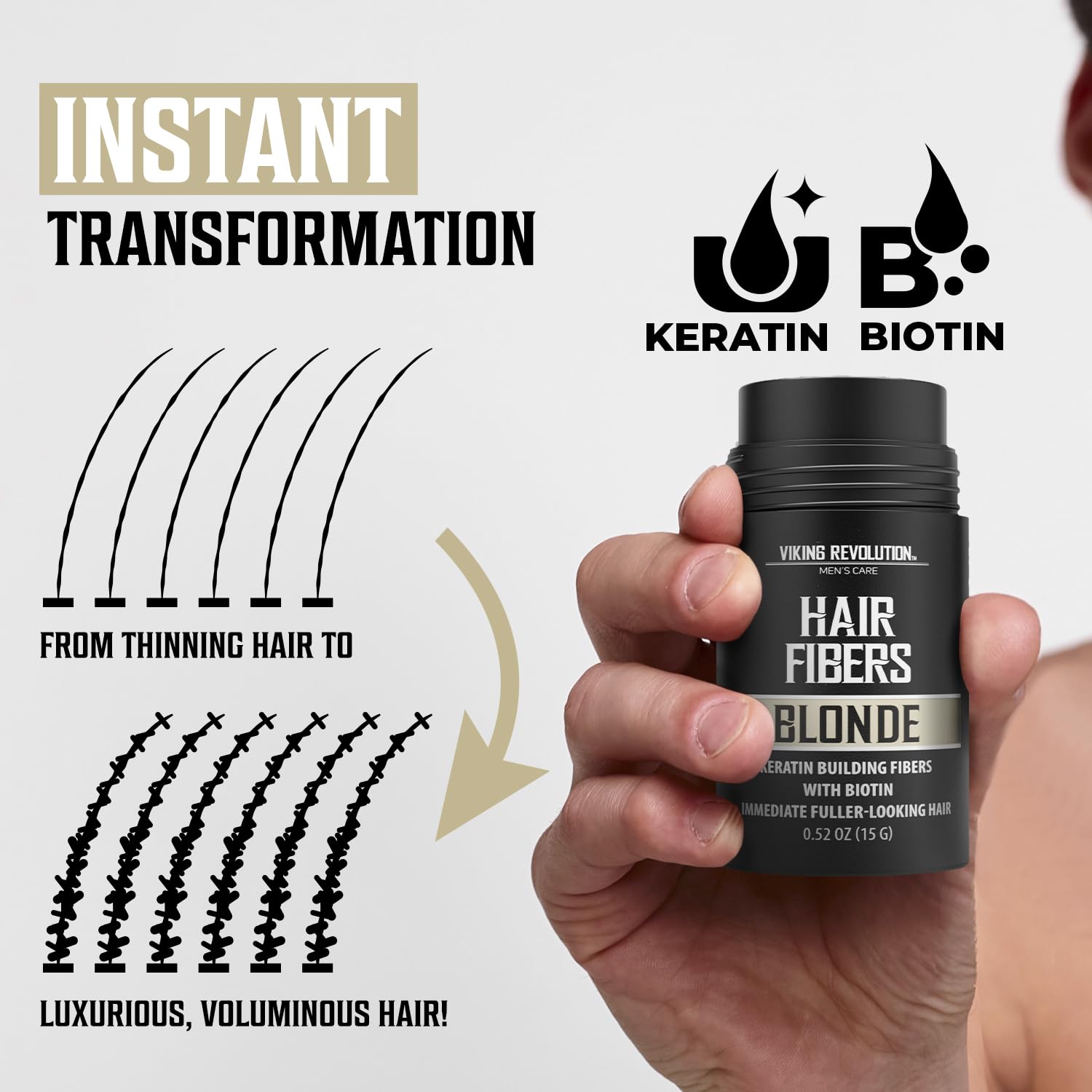 Hand holding Blonde Hair Fibers, showcasing transformation from thinning to voluminous hair.