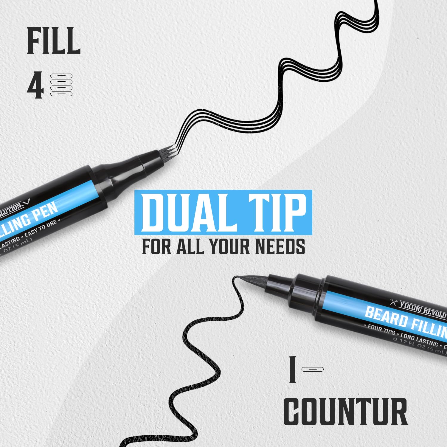 Black Beard Pencil Filler for Men, dual tip for patchy facial hair, black ink on textured white paper.