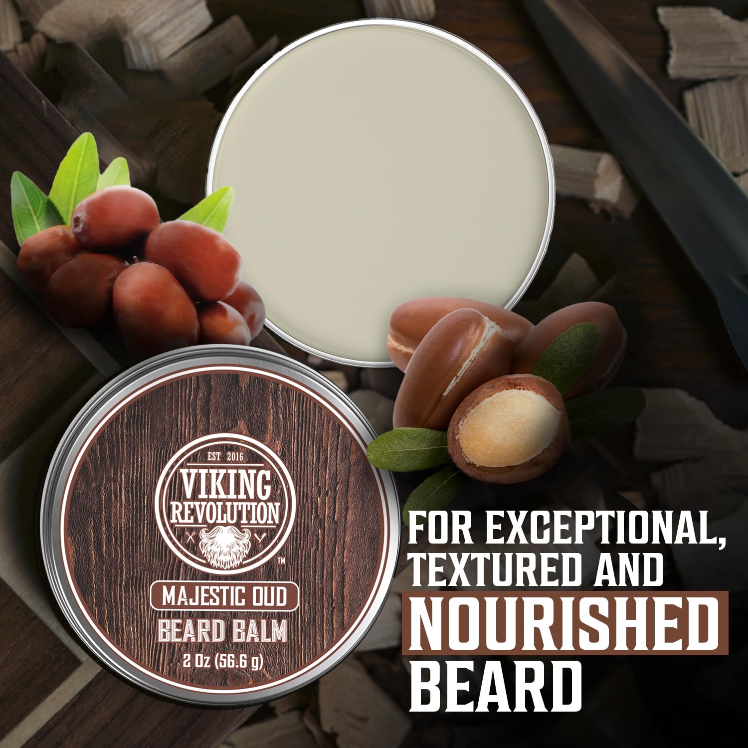 Majestic Oud Beard Balm for Men: Natural, textured, and nourishing beard care in a tin.