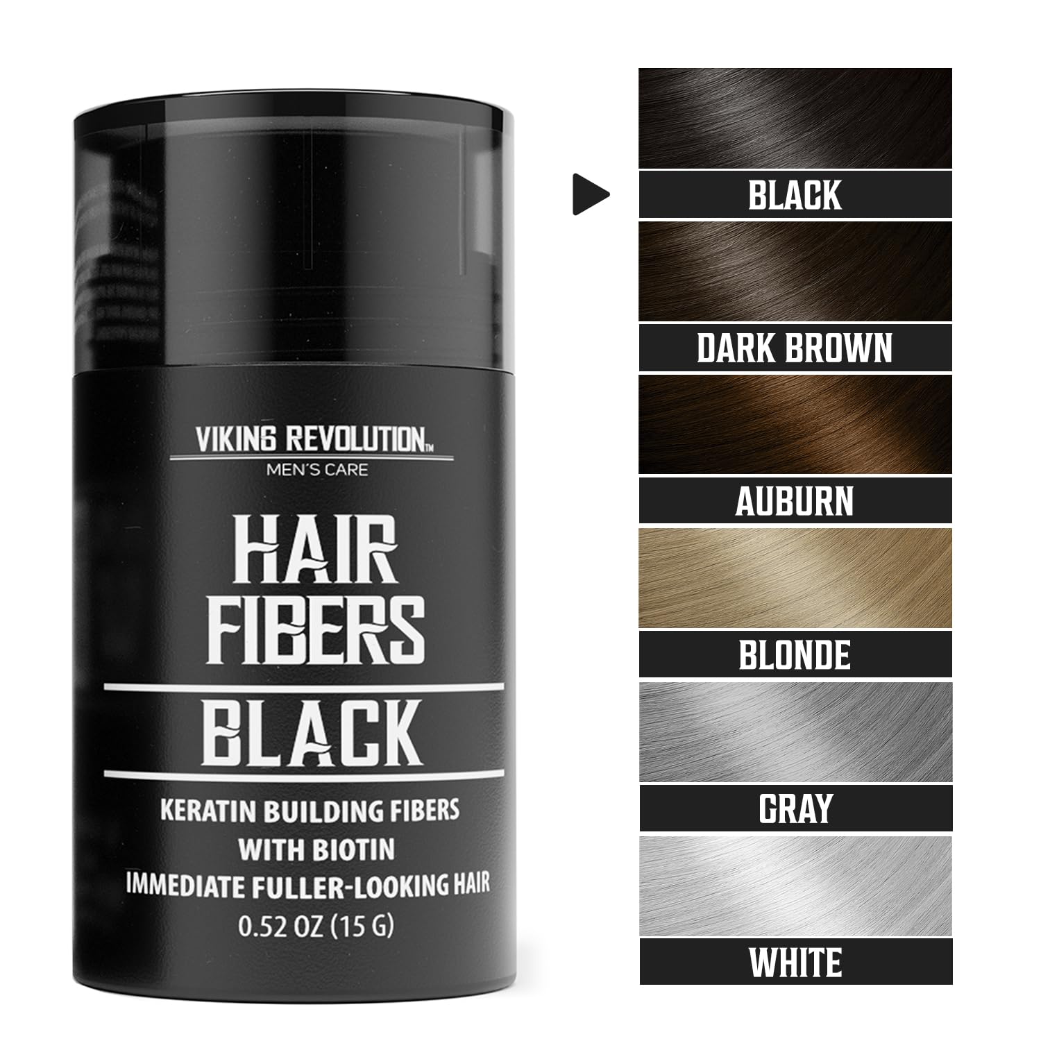 Our Black Hair Fibers offer a natural keratin formula with color options in black, dark brown, auburn, blonde, gray, and white. Effortlessly achieve weather-resistant volume and maintain your desired look regardless of the conditions.