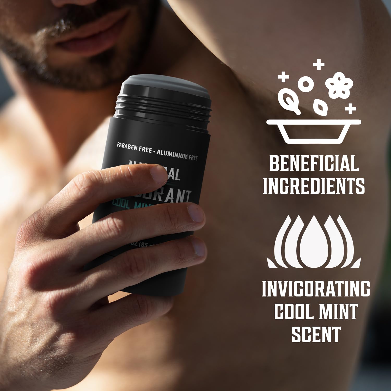 Man applying Cool Mint Deodorant for Men with beneficial ingredients and invigorating mint scent on armpit.