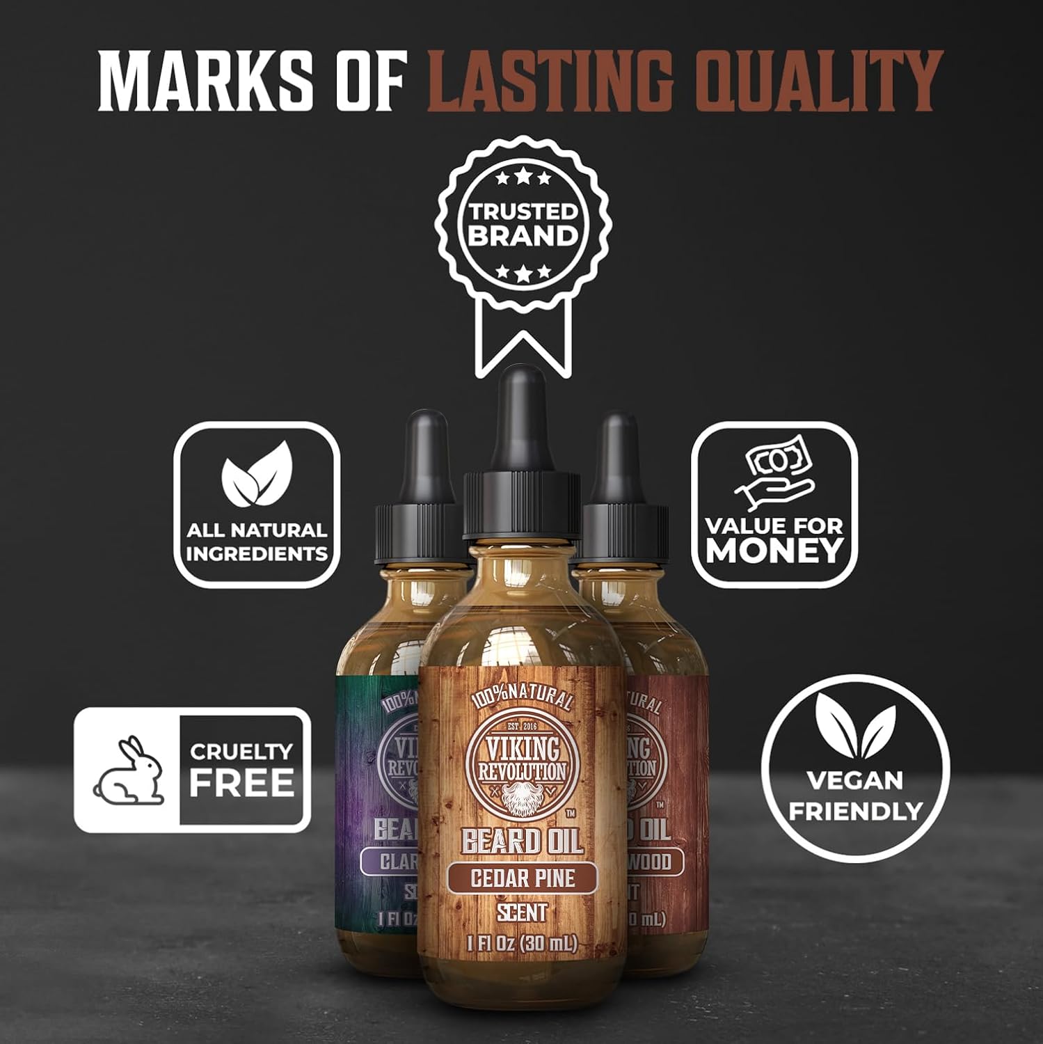 Three bottles of Viking Revolution’s eco-friendly Sandalwood, Pine & Cedar, Clary Sage beard oils.