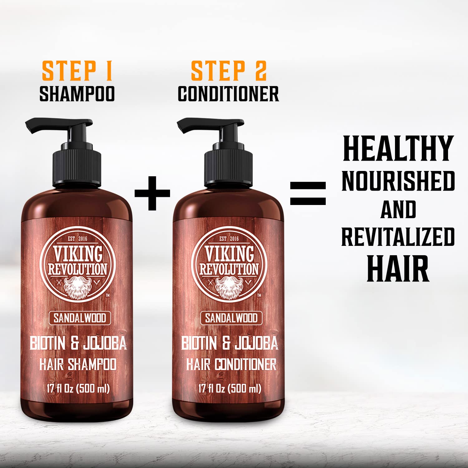 Two bottles of Viking Revolution hair products, specifically the Sandalwood Conditioner with Biotin and Jojoba Oil (17 Oz), along with a shampoo, promote healthy hair enriched with sandalwood oil.