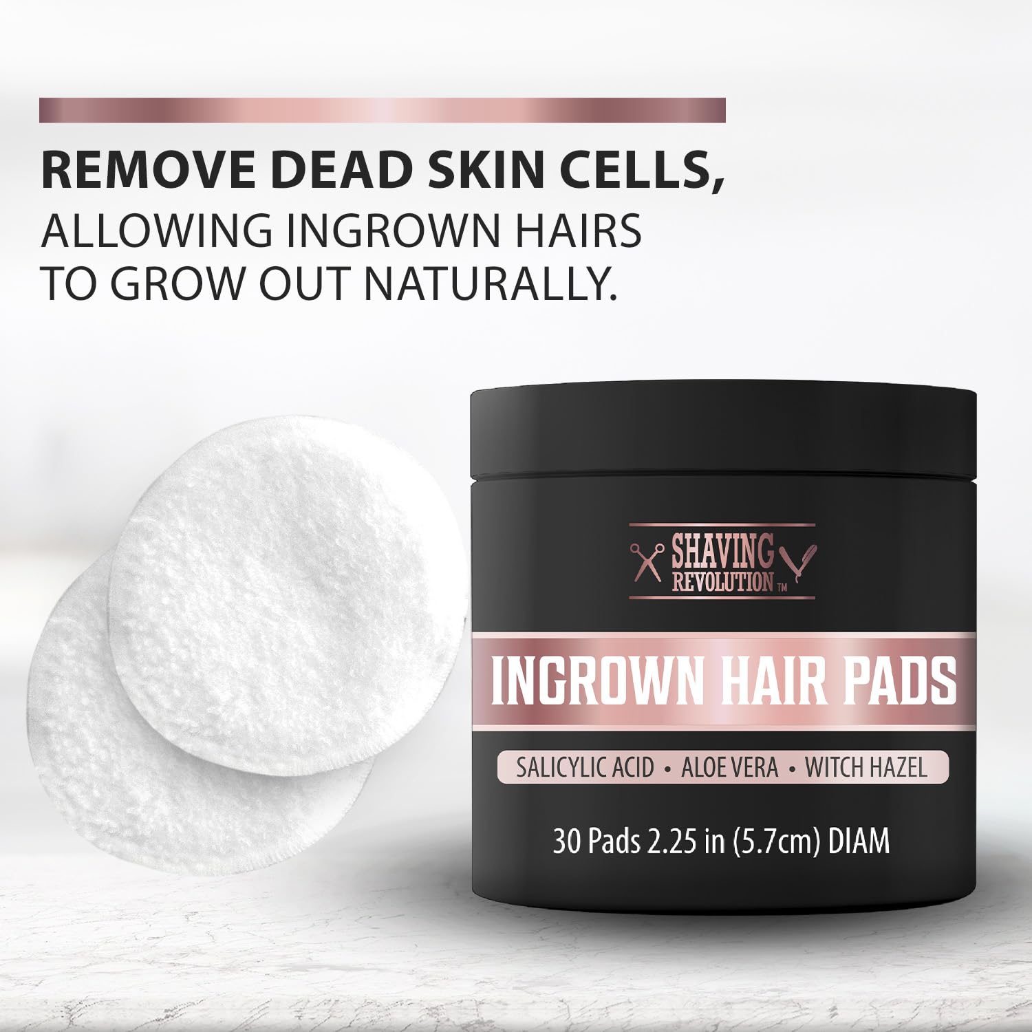 A container labeled "Ingrown Hair Pads" is accompanied by two white pads, enriched with salicylic acid, designed to remove dead skin cells for smoother skin.