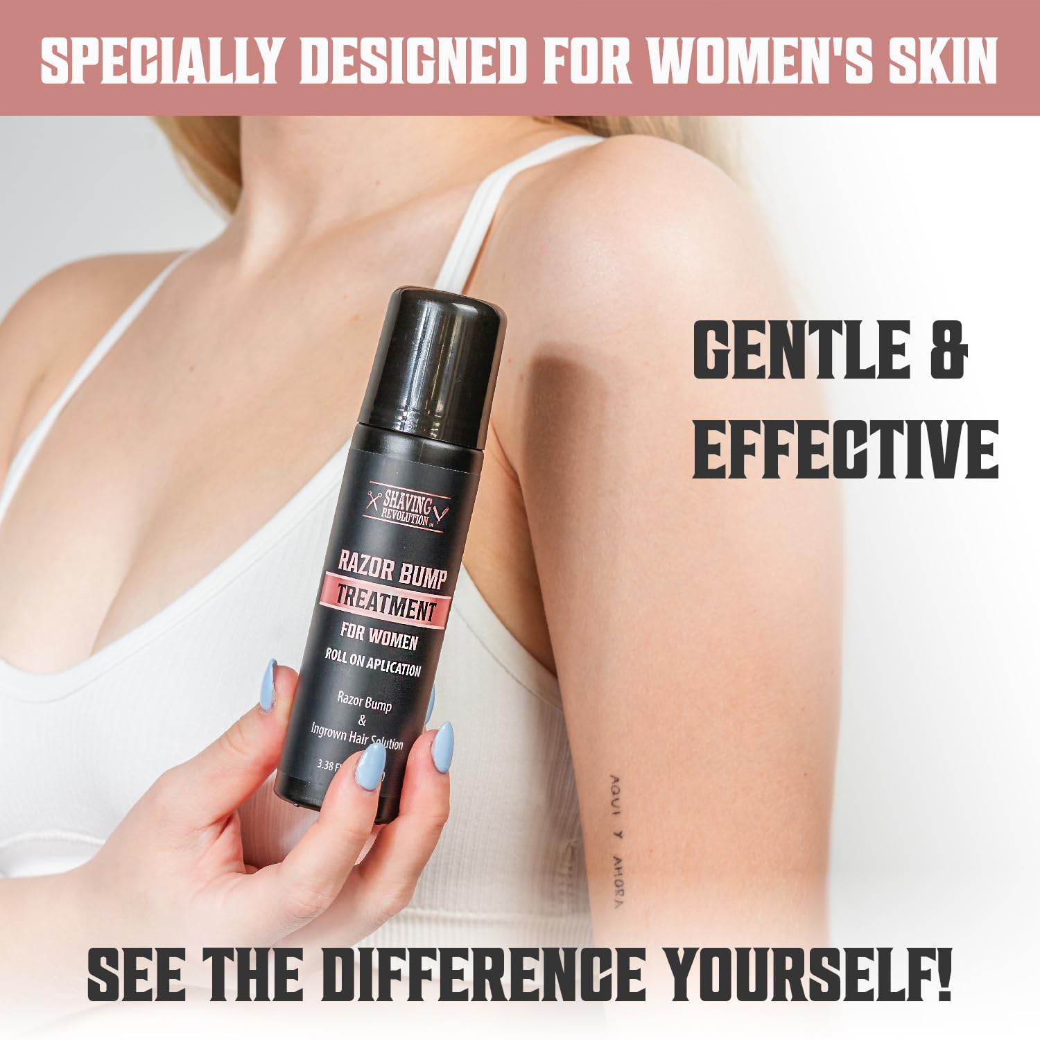 A woman is holding the Razor Bumps Treatment for Women, a product specifically crafted for bikini line care; text reads Gentle & Effective.