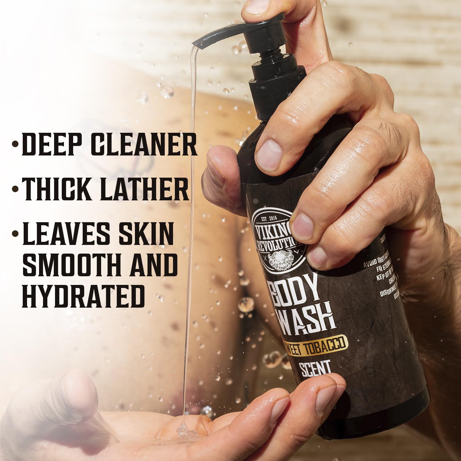 Hand using body wash pump: Deep Cleaner, Thick Lather, Leaves Skin Smooth with Sweet Tobacco 2 pack.