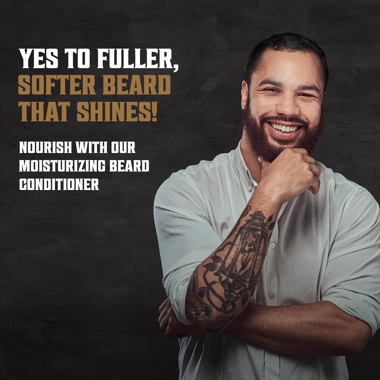 Man with a beard smiles, promoting the softness and shine from Palo Santo Beard Wash & Conditioner Set 17oz.