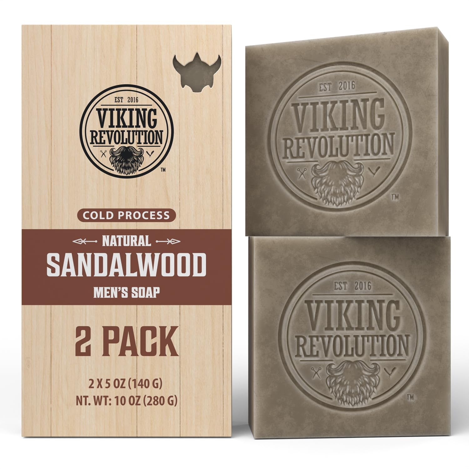 Sandalwood Natural Cold Pressed Bar Soap 2 pack from Viking Revolution, presented in branded packaging with the logo.