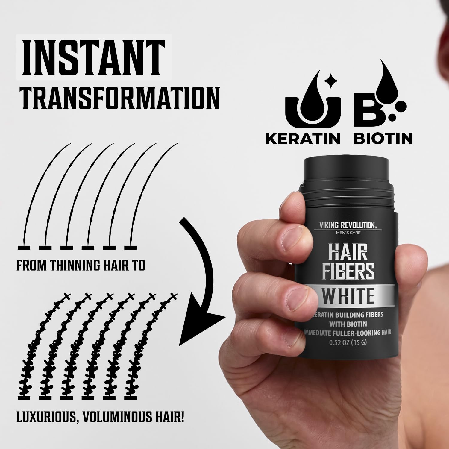 Hand holding White Hair Fibers for Thinning Hair, highlighting hair transformation and natural ingredients.