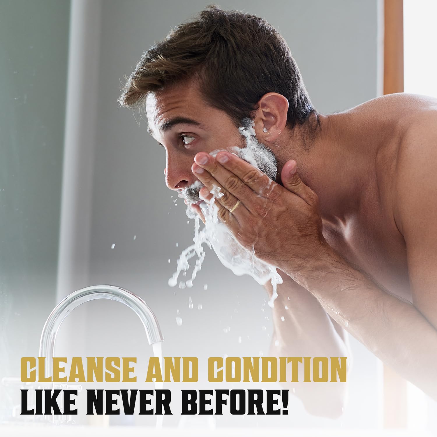 A man washing his face with foam by the sink; text reads Cleanse and Condition Like Never Before! Elevate your routine with Beard Wash & Conditioner - Sweet Tobacco 5oz for superior beard care.