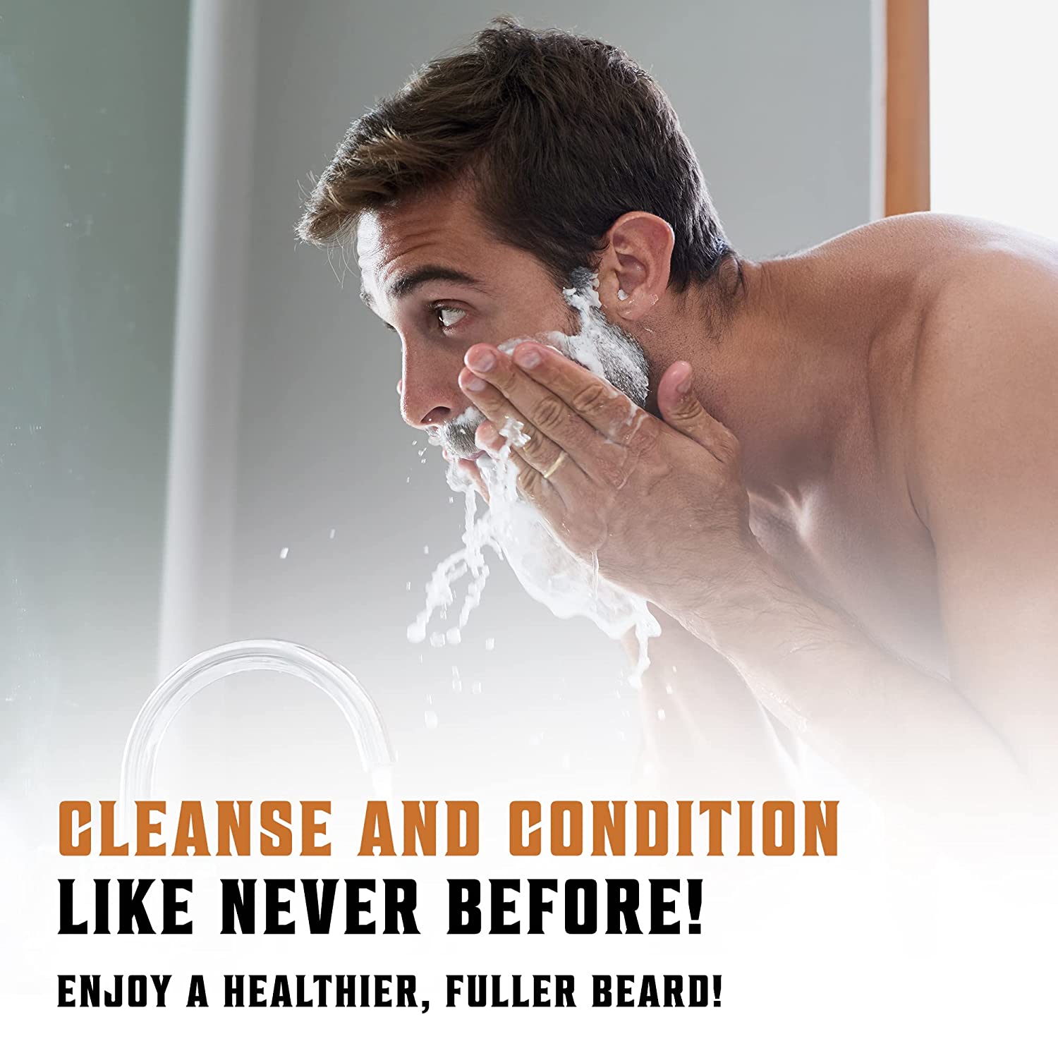Man uses Viking Revolution Sandalwood Beard Wash for a healthier, fuller beard at the sink.