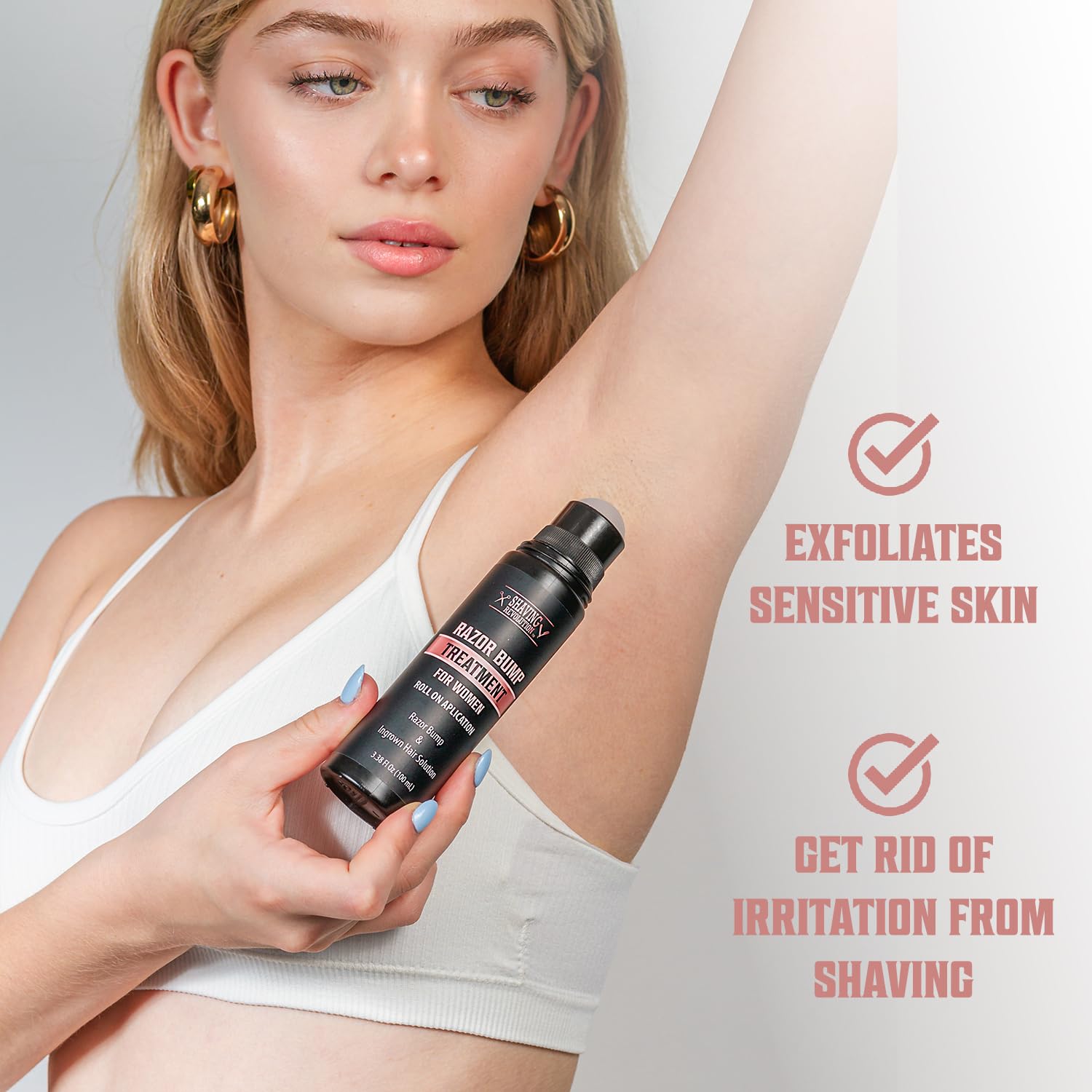 A woman uses the Razor Bumps Treatment for Women on her armpit to achieve smooth, irritation-free skin, emphasizing its exfoliation and razor bump treatment benefits.