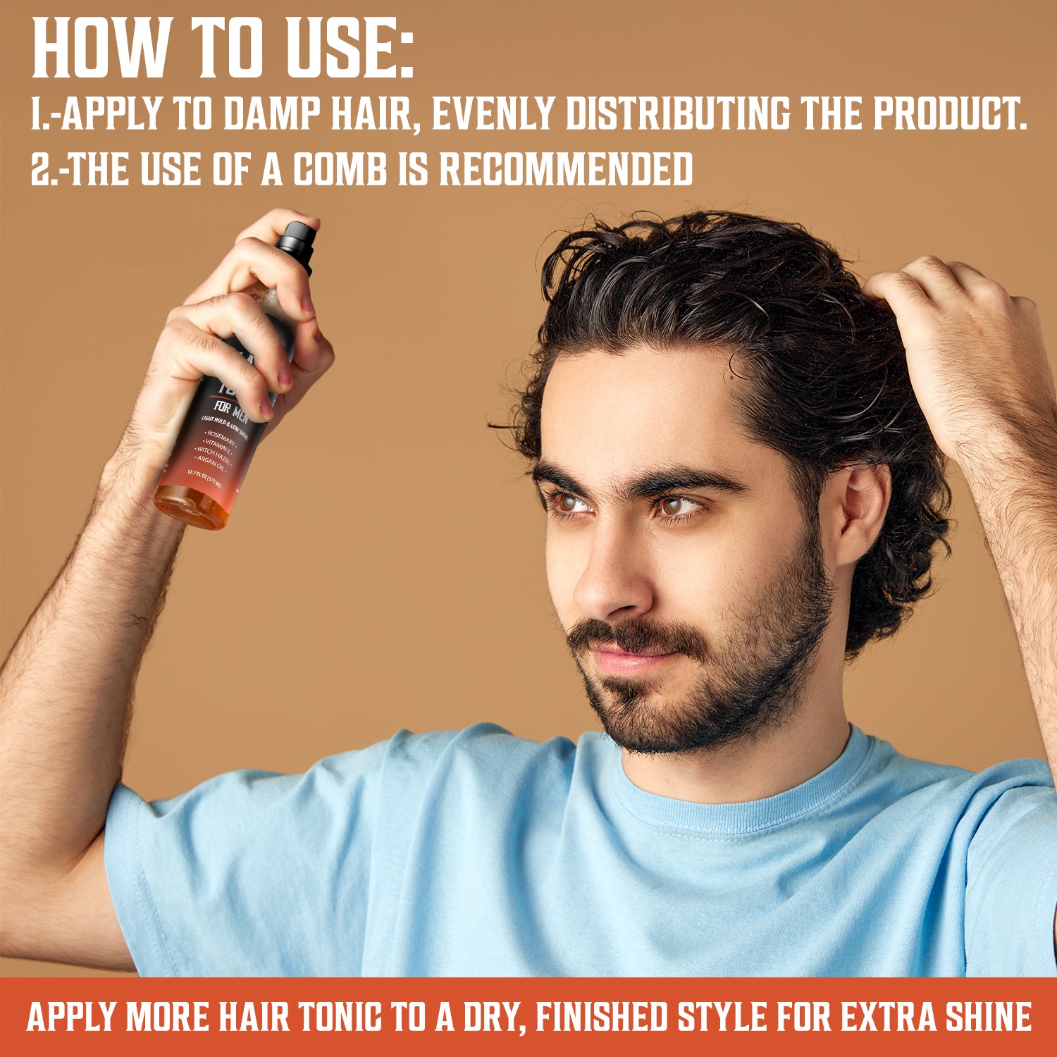 Man uses Hair Tonic Men (12.7oz), comb in hand; instructions and spray tips shown above.