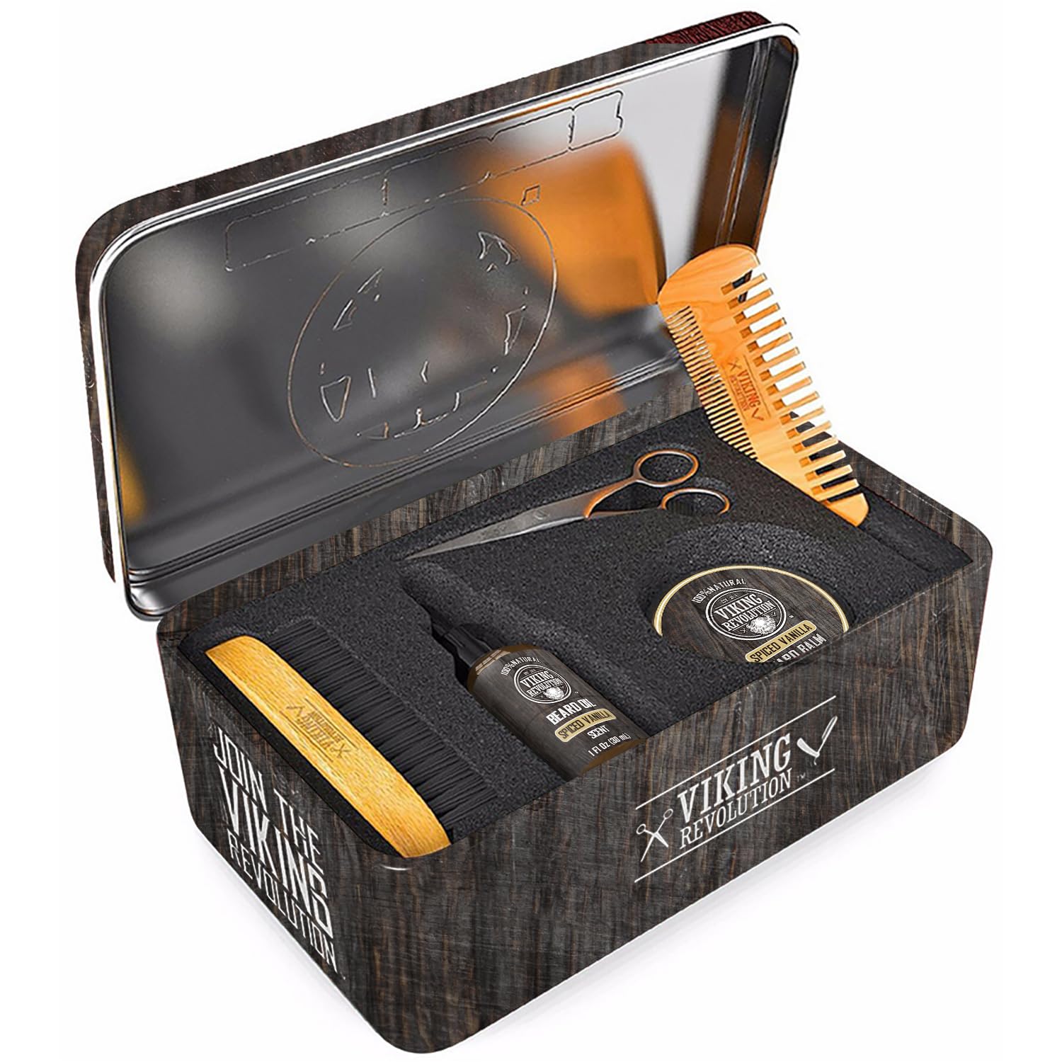 Open Beard Kit Spiced Vanilla box with beard oil, balm, comb, brush, and scissors inside.