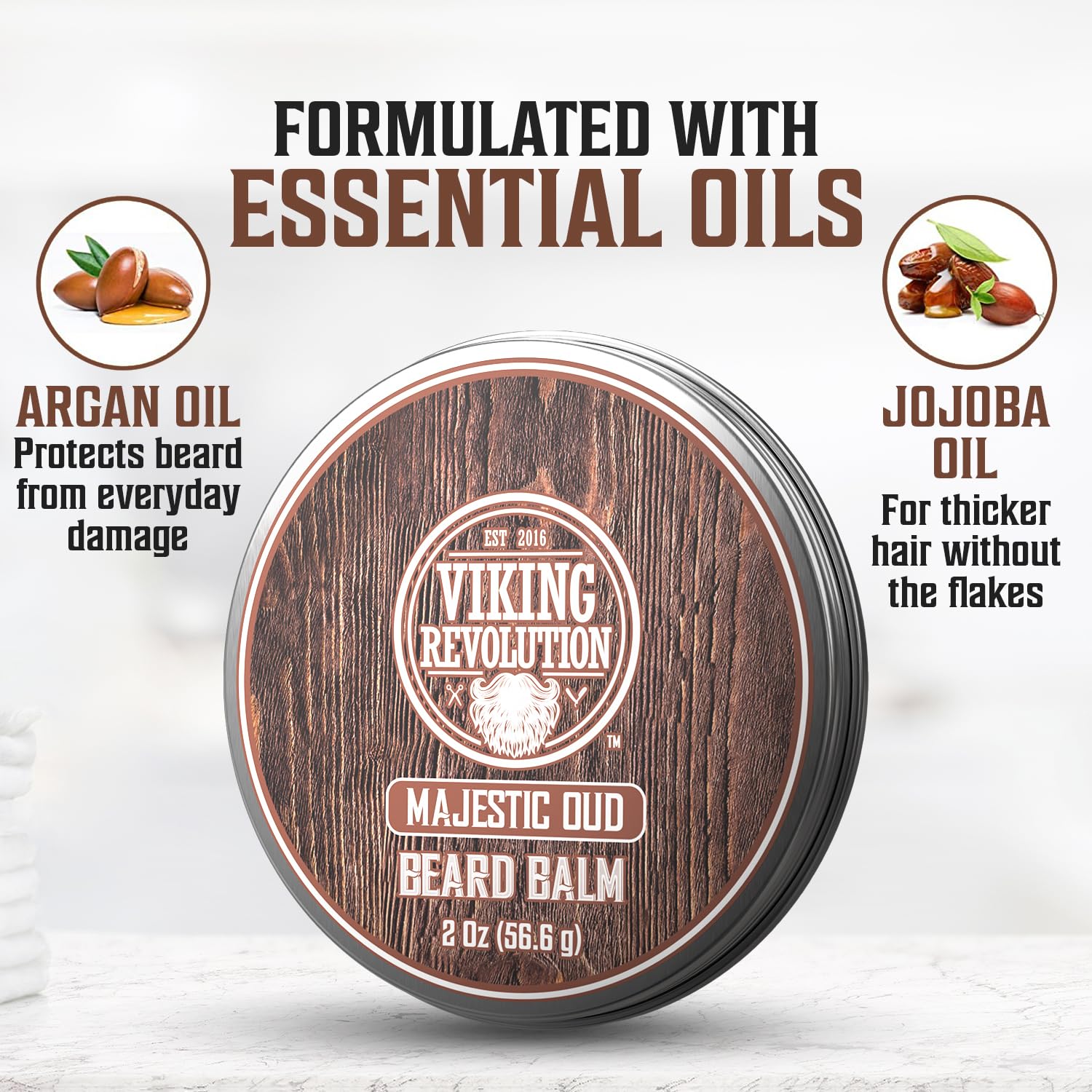 Majestic Oud Beard Balm for Men with natural care, featuring benefits of argan and jojoba oil.