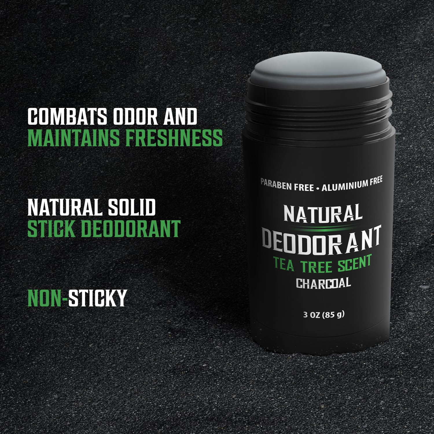 Tea Tree Deodorant for Men, featuring activated charcoal for odor control, on a dark backdrop.