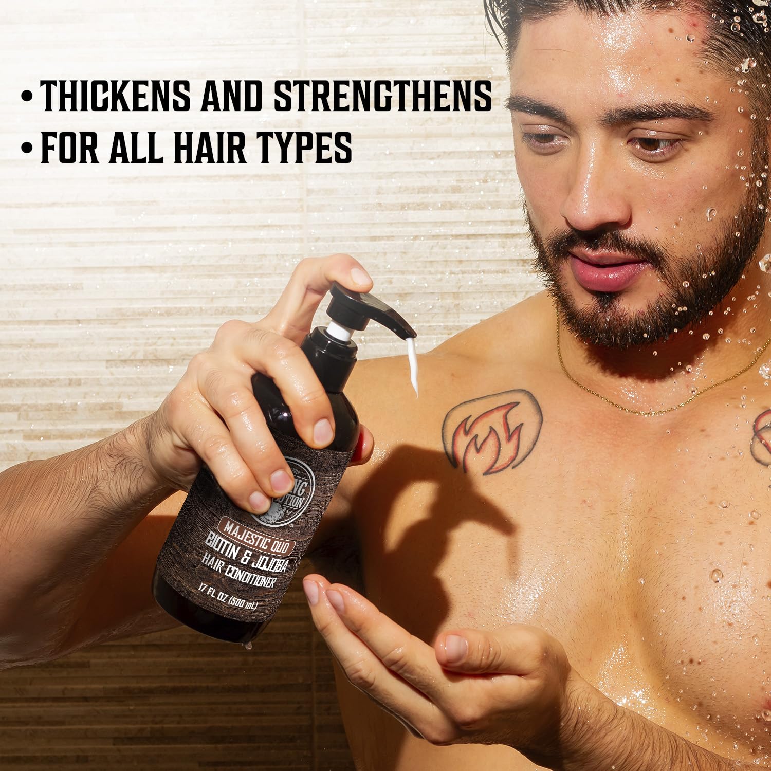 Man applying Majestic Oud Hair Shampoo & Conditioner in shower; bottle claims it thickens, for all hair types.