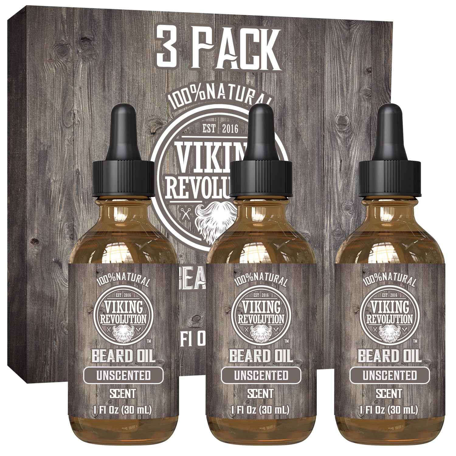 Three bottles from the Beard Oil - 3 Pack 1oz sit in front of their packaging box. Perfect for nourishing and taming your beard, this unscented oil also acts as a preventative measure against beard dandruff.
