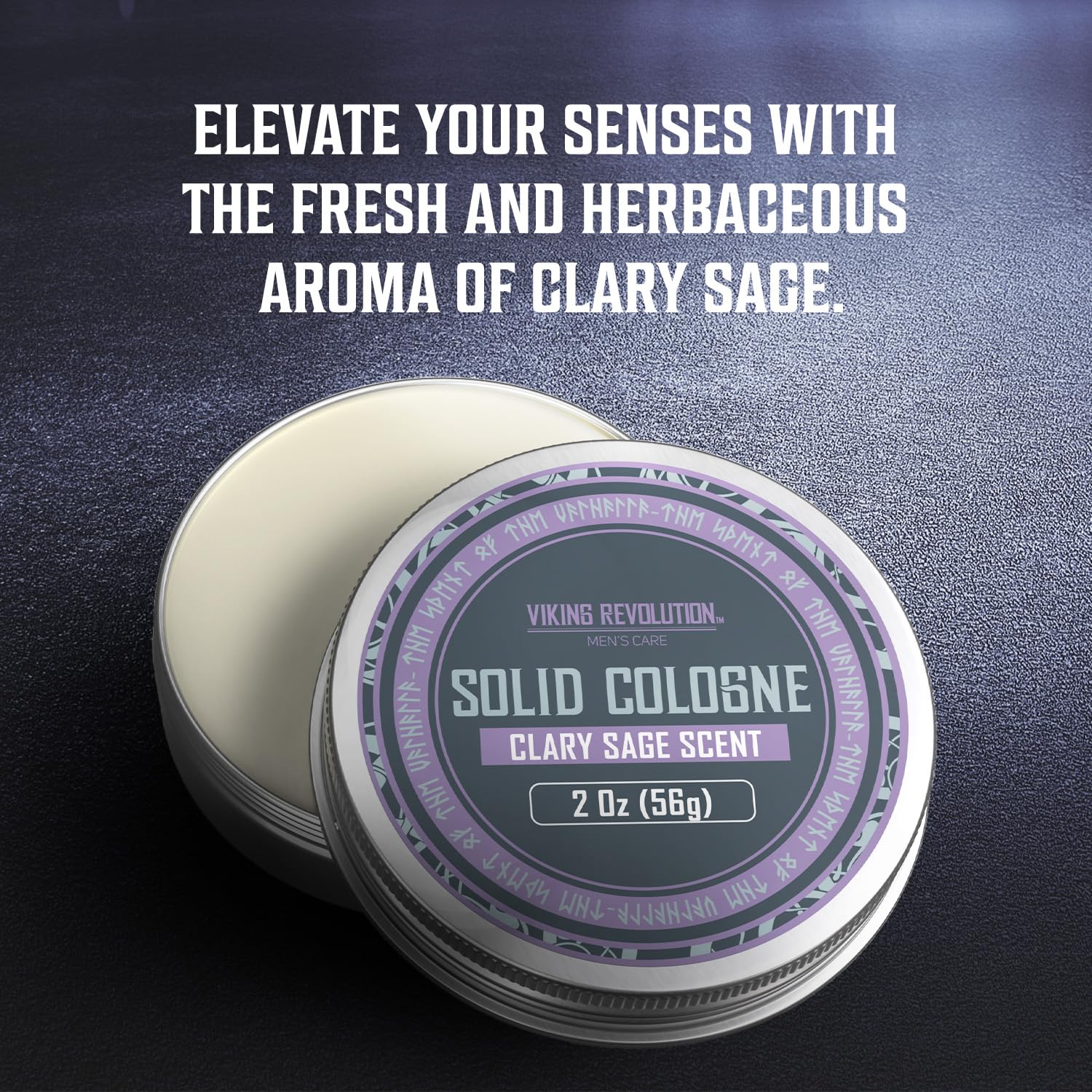 Tin of Solid Cologne 2 Oz Single Clary Sage with cap off, text reads: Elevate your senses with this sophisticated fragrance. Perfect as a gift for men.
