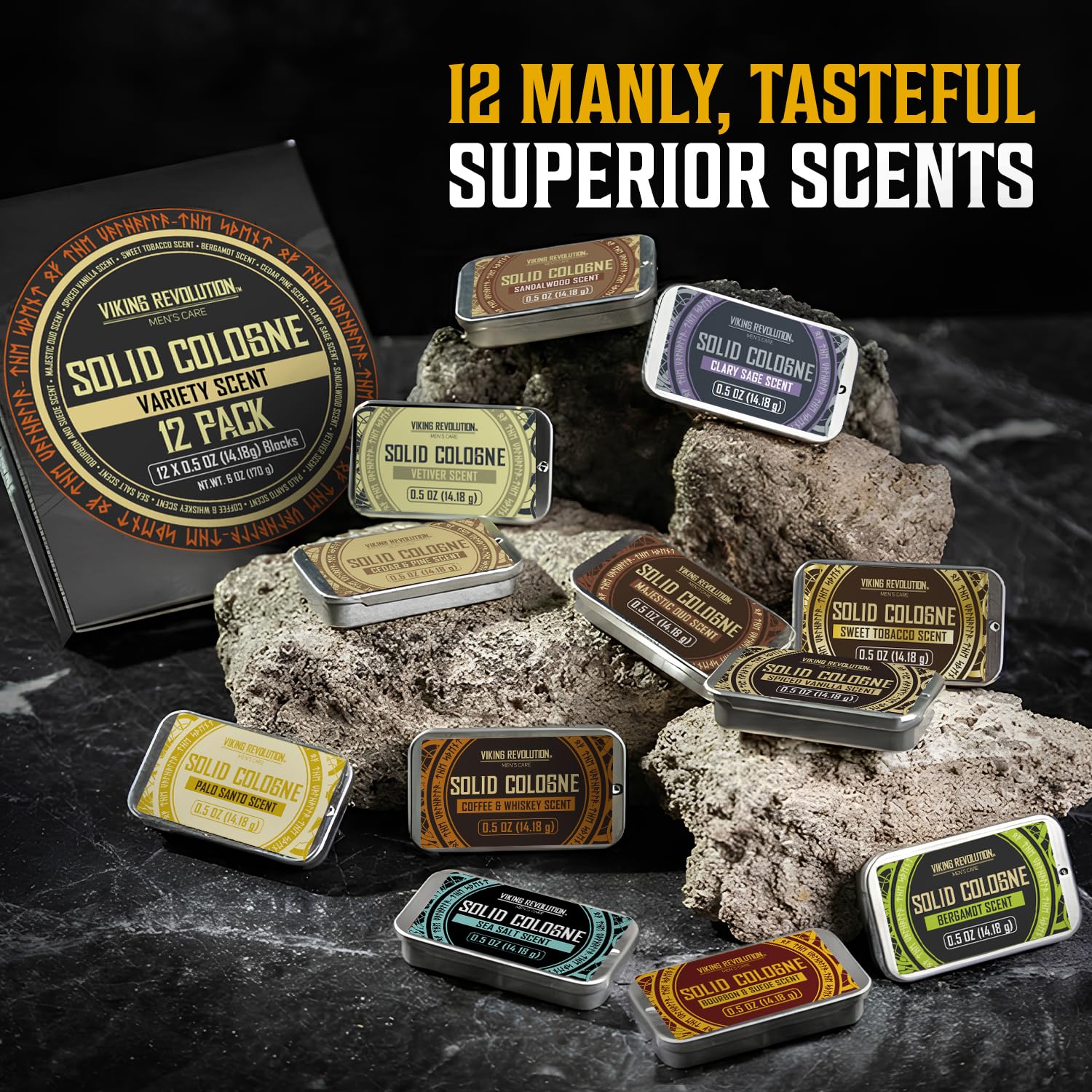 Solid Cologne 12pk for Men in travel tins, gift set with bold scents on black rocks.