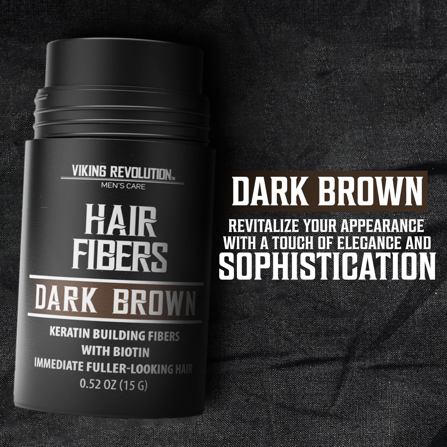 Dark Brown Hair Fibers for Thinning Hair bottle on dark fabric; conveys elegance and sophistication.