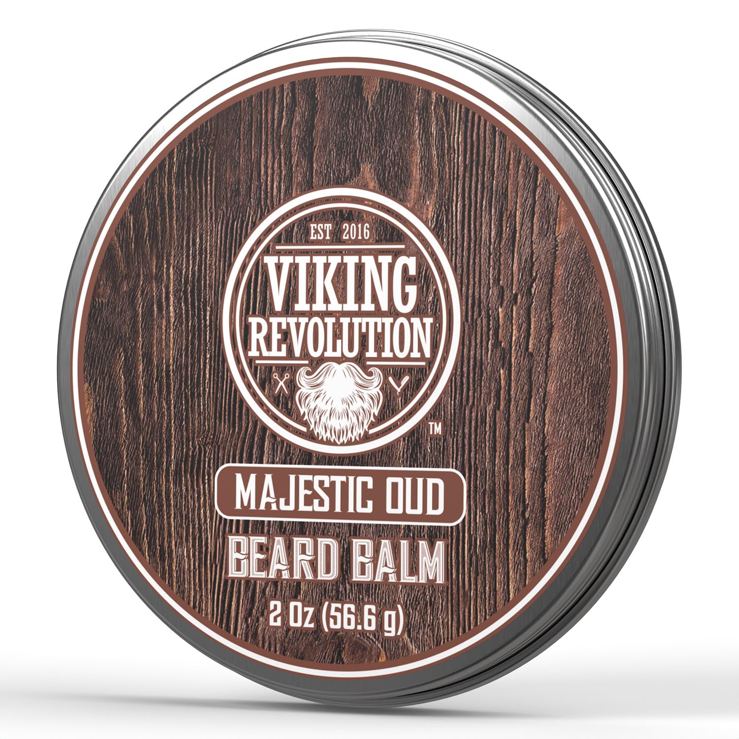 Tin of Beard Balm by Viking Revolution on a wood-textured background, highlighting its natural ingredients that provide outstanding conditioning for your beard.
