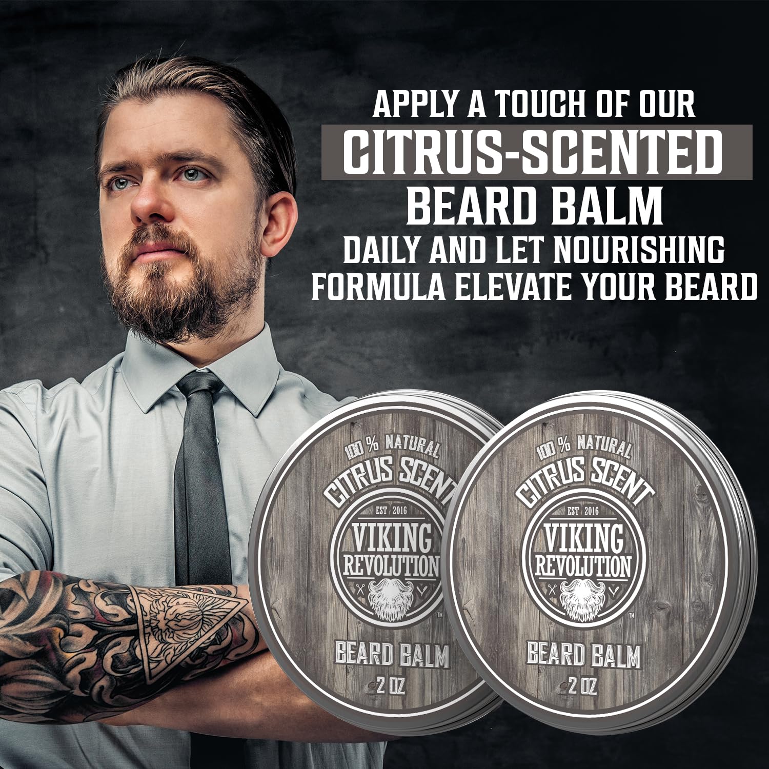 Man holding Citrus Beard Balm - 2 Pack for grooming and dandruff control, ideal for a citrus-fresh beard.