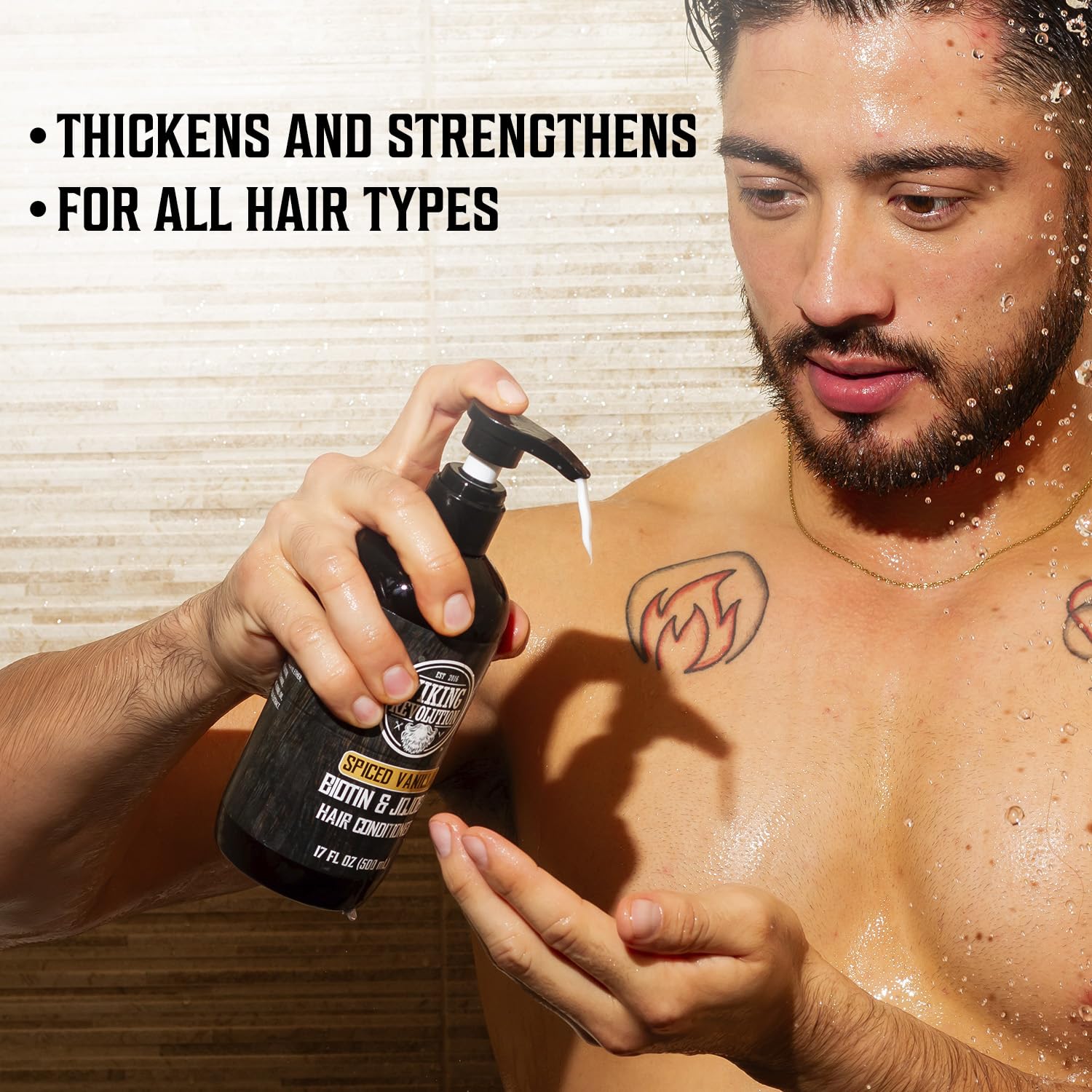 Man using Sweet Tobacco Hair Shampoo & Conditioner; Thickens, strengthens, with a sweet tobacco scent.