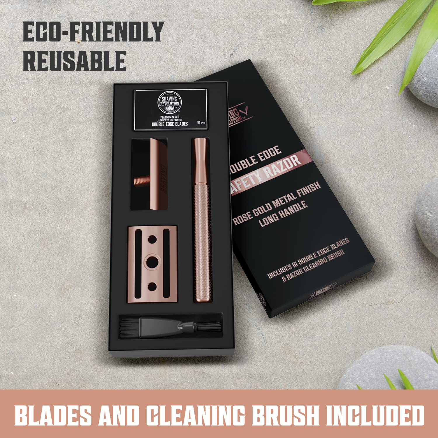 Viking Revolution - Double Edge Safety Razor in Rose Gold with blades and cleaning brush, set against a leafy, stone backdrop, ideal for achieving a clean shaving experience.