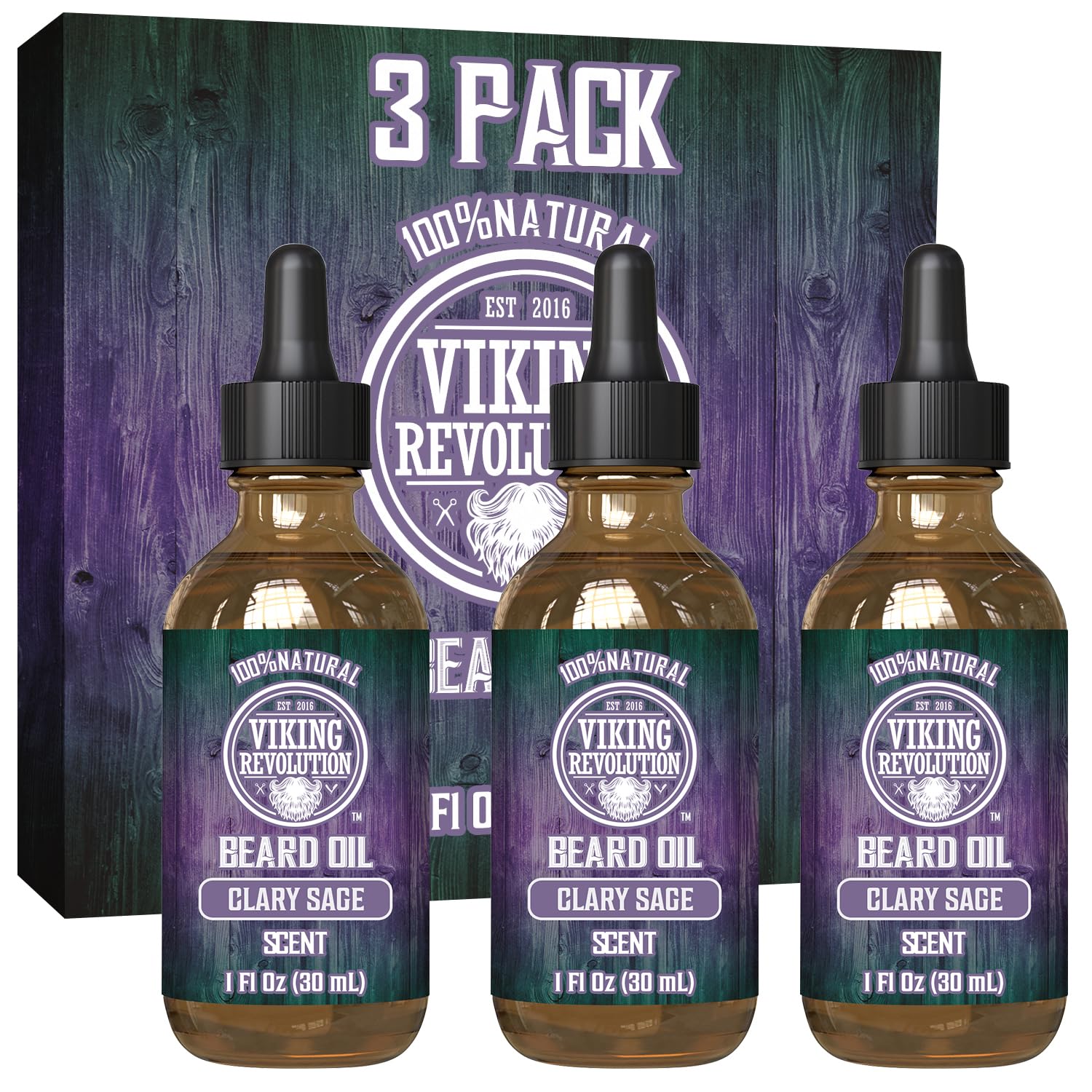 Three bottles of the Beard Oil - 3 Pack 1oz, perfect for nourishing and taming your beard while preventing dandruff, sit elegantly in front of a product box.