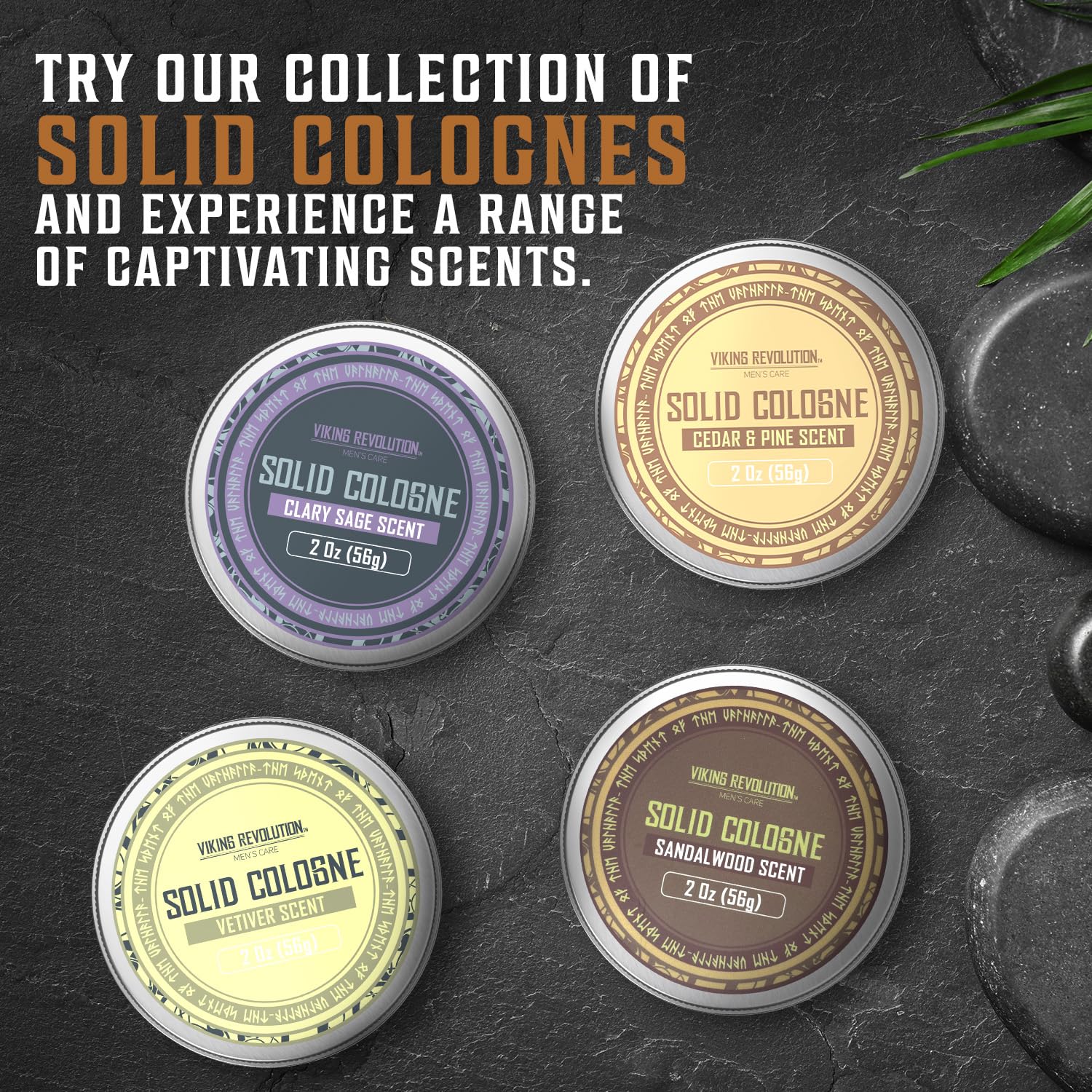 Four tins of Solid Cologne 2 Oz Single Cedar & Pine on stone, exuding various manly fragrances.