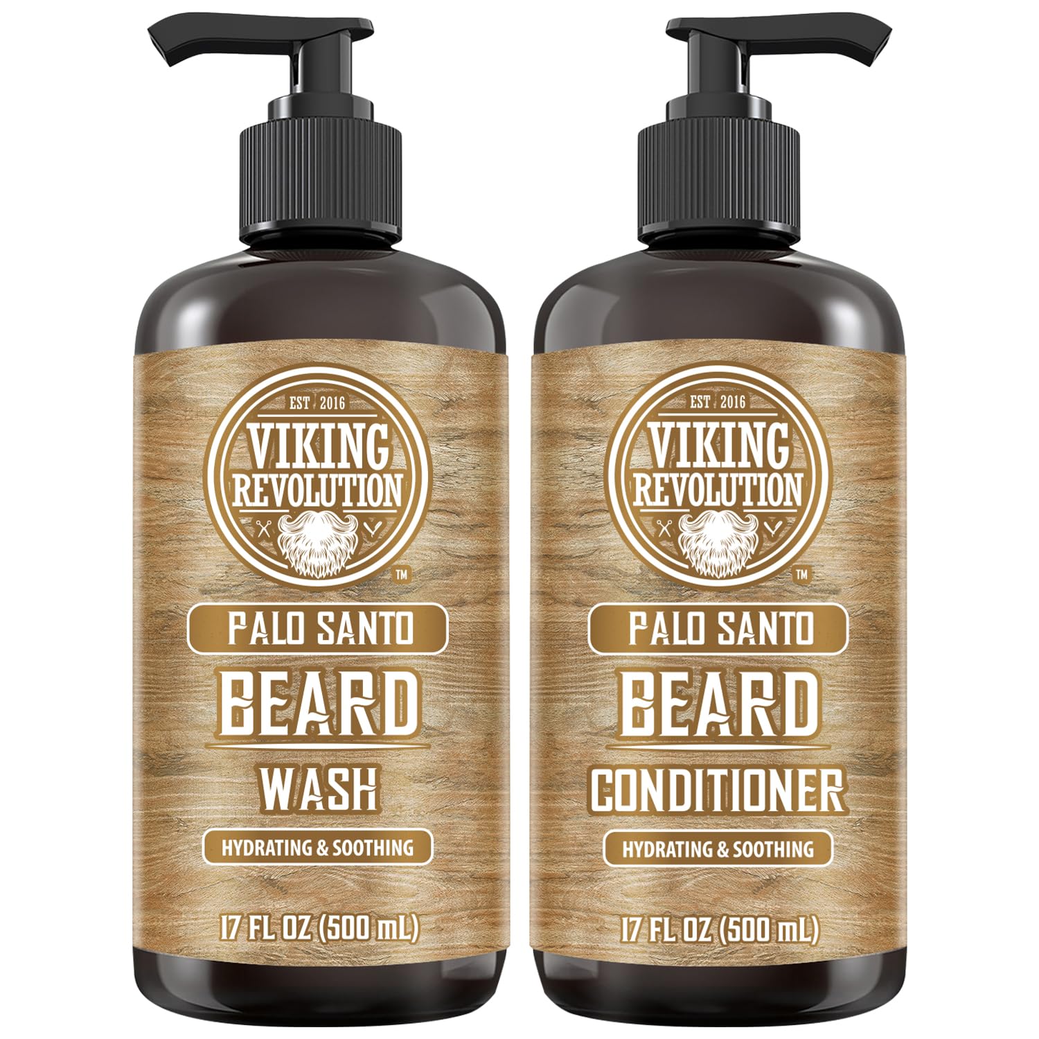 Two Palo Santo Beard Wash & Conditioner Set bottles, ideal for beard care, 17oz each.