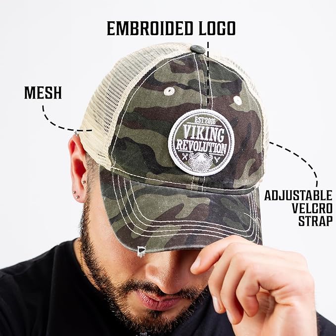 A man wearing the Trucker Hat for Men Baseball Cap - Camouflage, which features mesh backing, an embroidered logo, and an adjustable Velcro strap, perfect for fans of Viking Revolution.